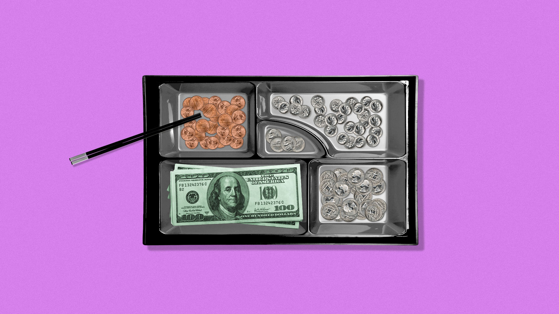 Illustration of bento box with dollar bills and coins.