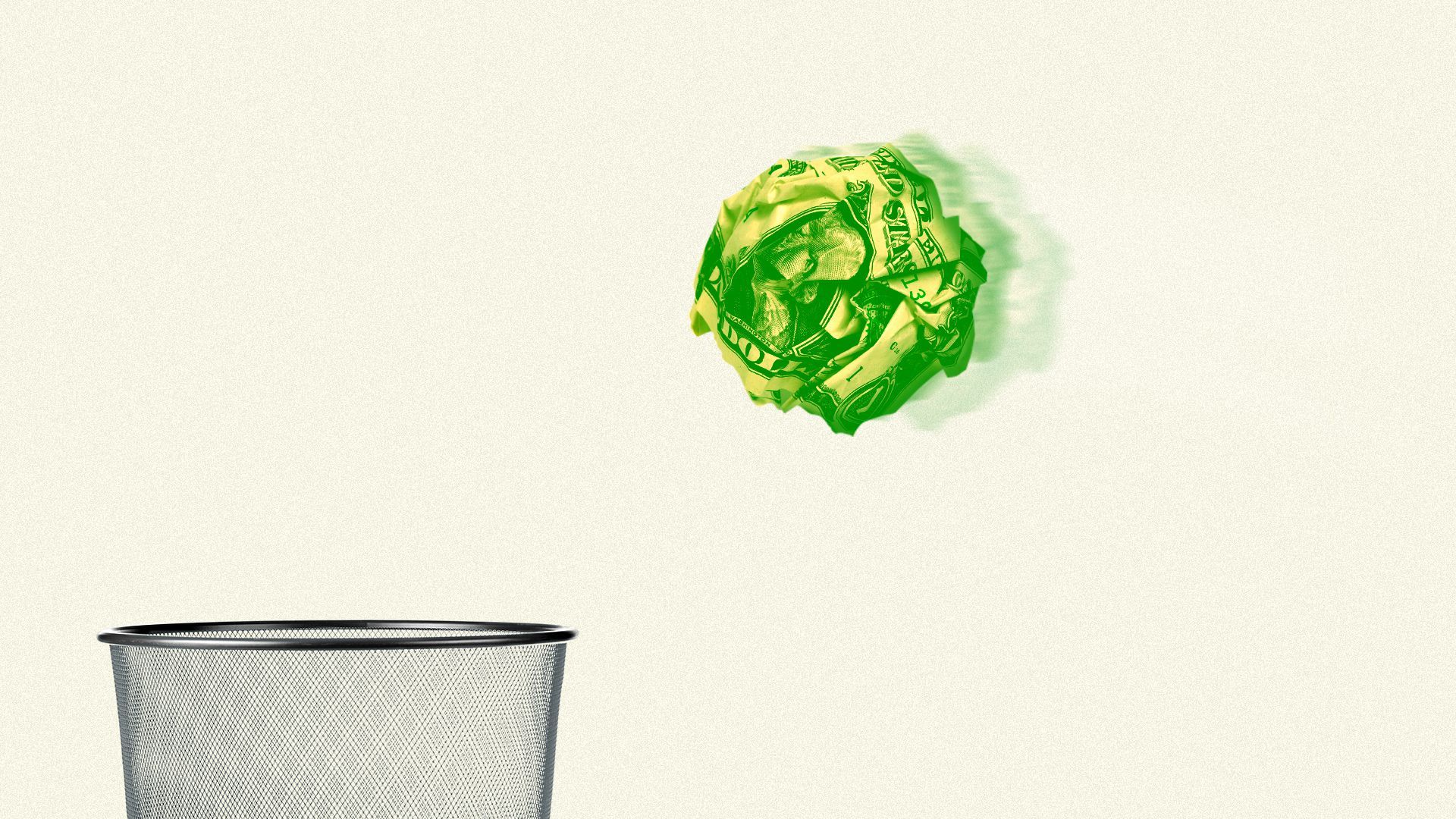 Illustration of balled up money being thrown in the trash. 
