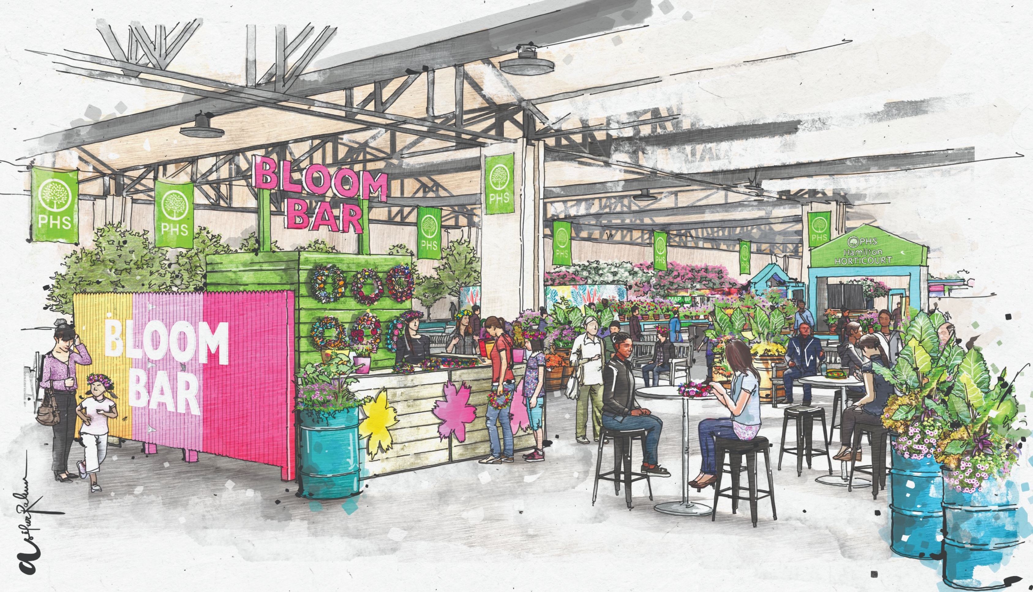 A rendering of the "Bloom Bar" at the 2023 Philadelphia Flower Show. 