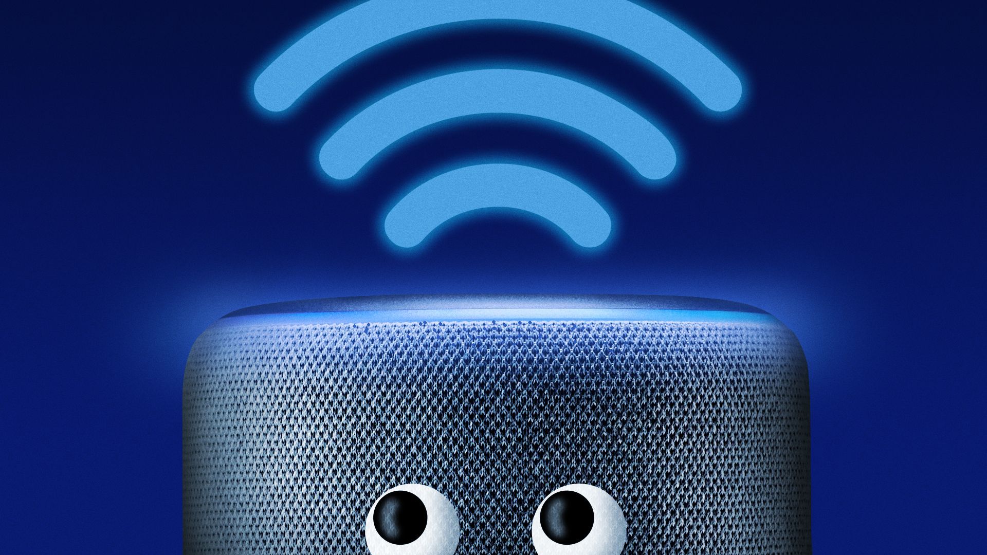 Photo illustration of a smart speaker with eyes looking up at a glowing wifi symbol.