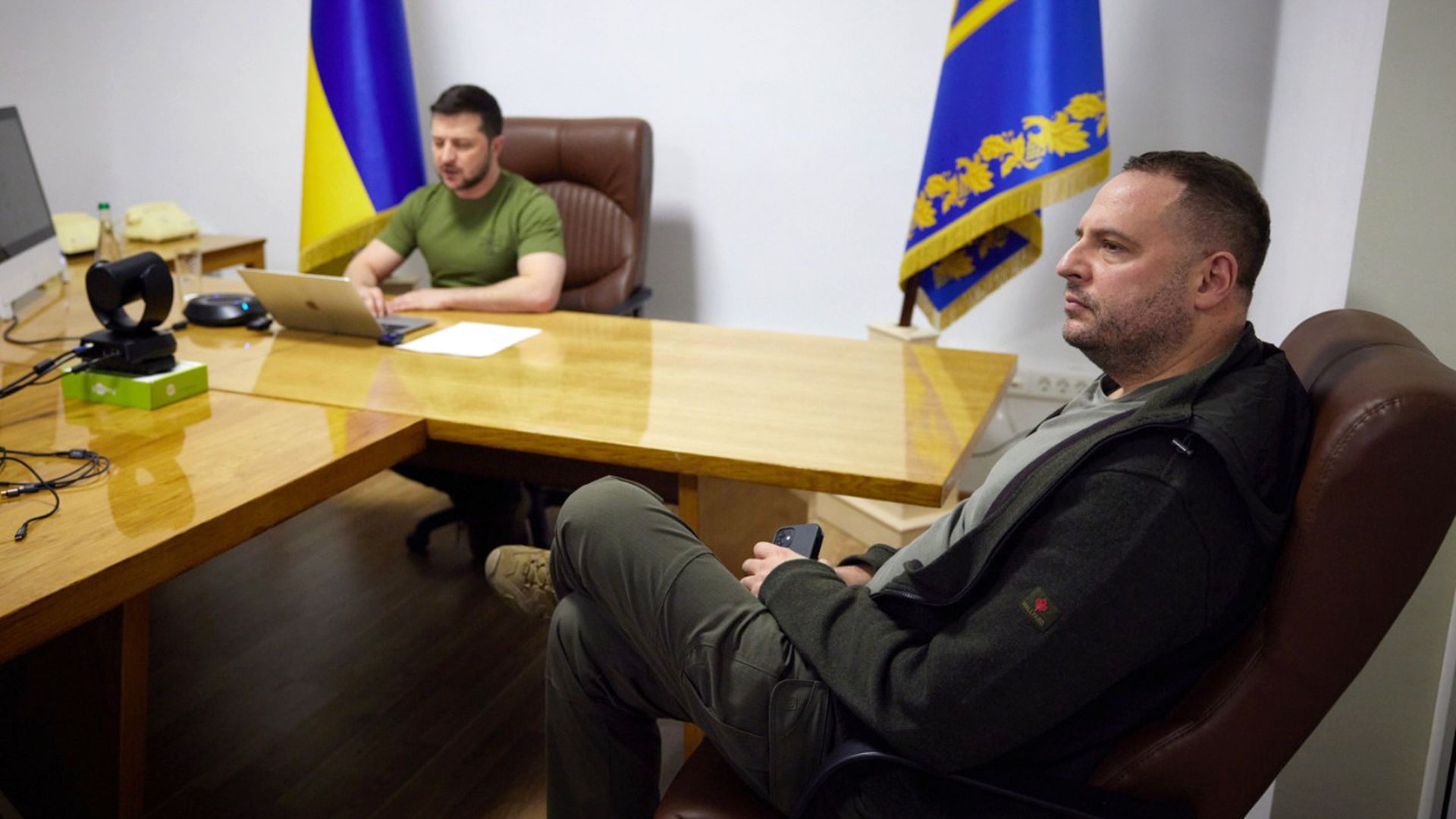 President of Ukraine Volodymyr Zelenskyy (L) and head of the Office of the President Andriy Yermak are pictured during the President's address to the US Congress, Kyiv, capital of Ukraine.