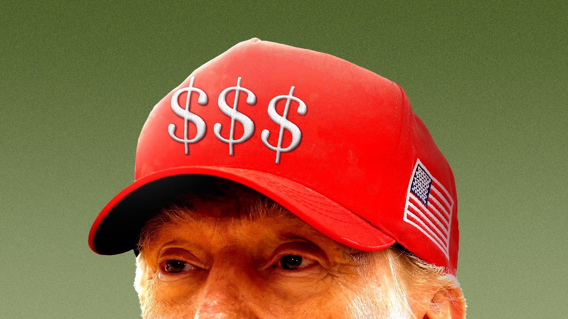 Photo illustration of President Trump wearing a MAGA hat with dollar signs on it