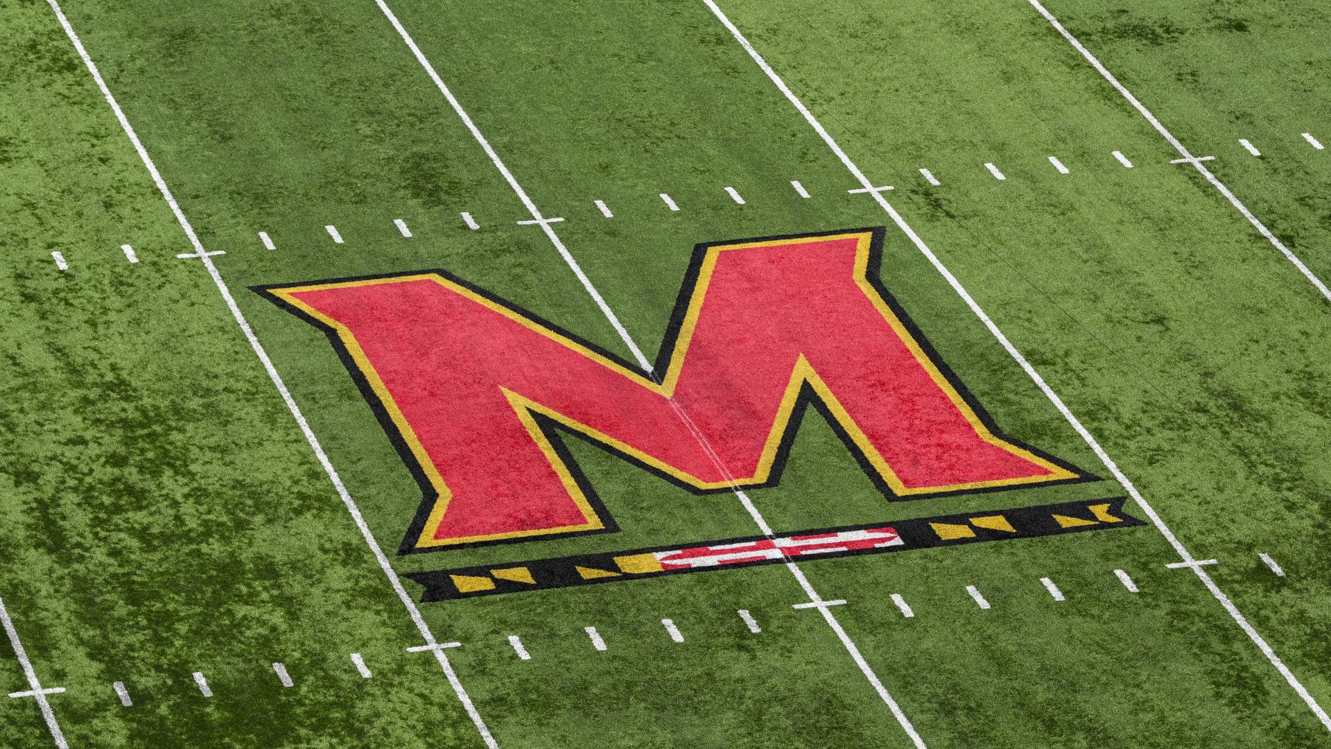 The UMD logo at center field before the start of the college football game between the Indiana Hoosiers and the University of Maryland Terrapins on November 01, 2025 at SECU Stadium in College Park, MD. (Photo by Kevin Langley/Icon Sportswire via Getty Images)