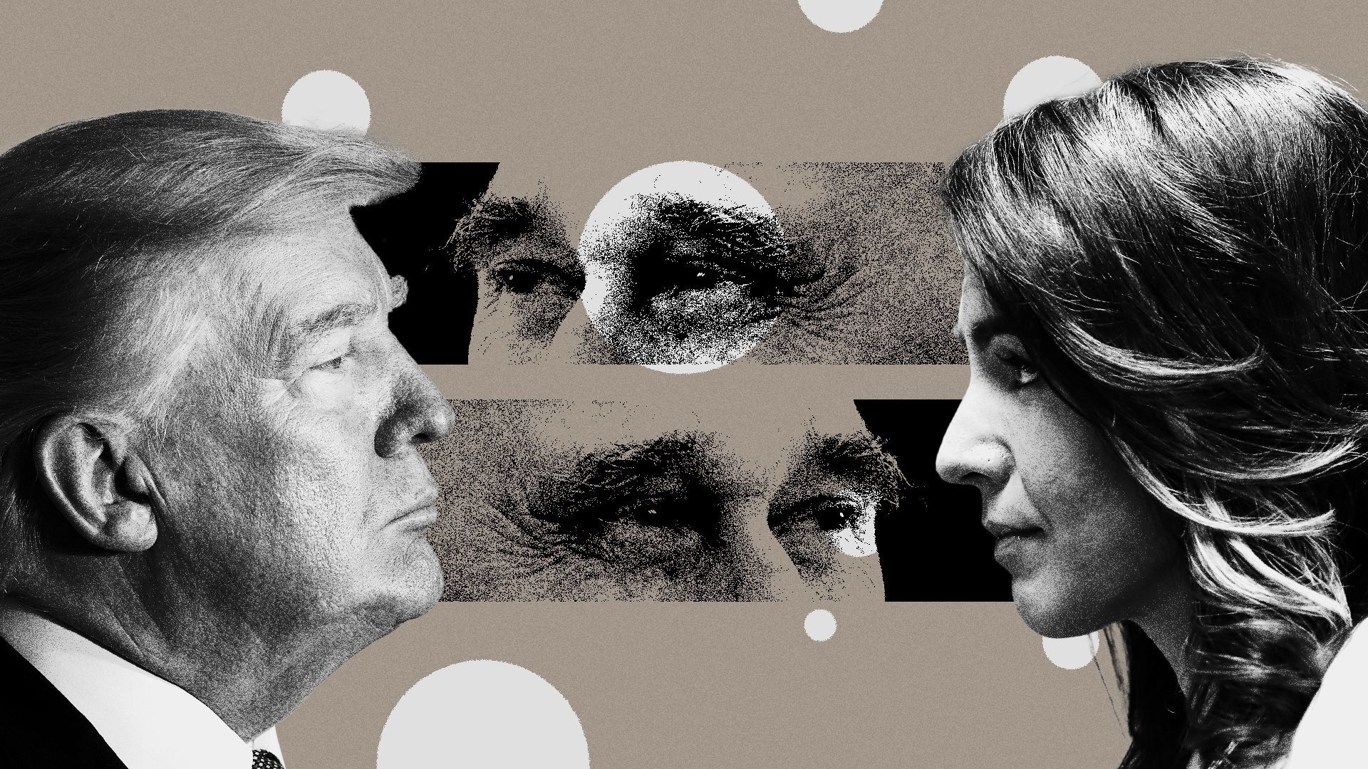 Photo illustrated collage of Donald Trump and Tulsi Gabbard facing each other with cutaways of Roger Stone's face in the center. 