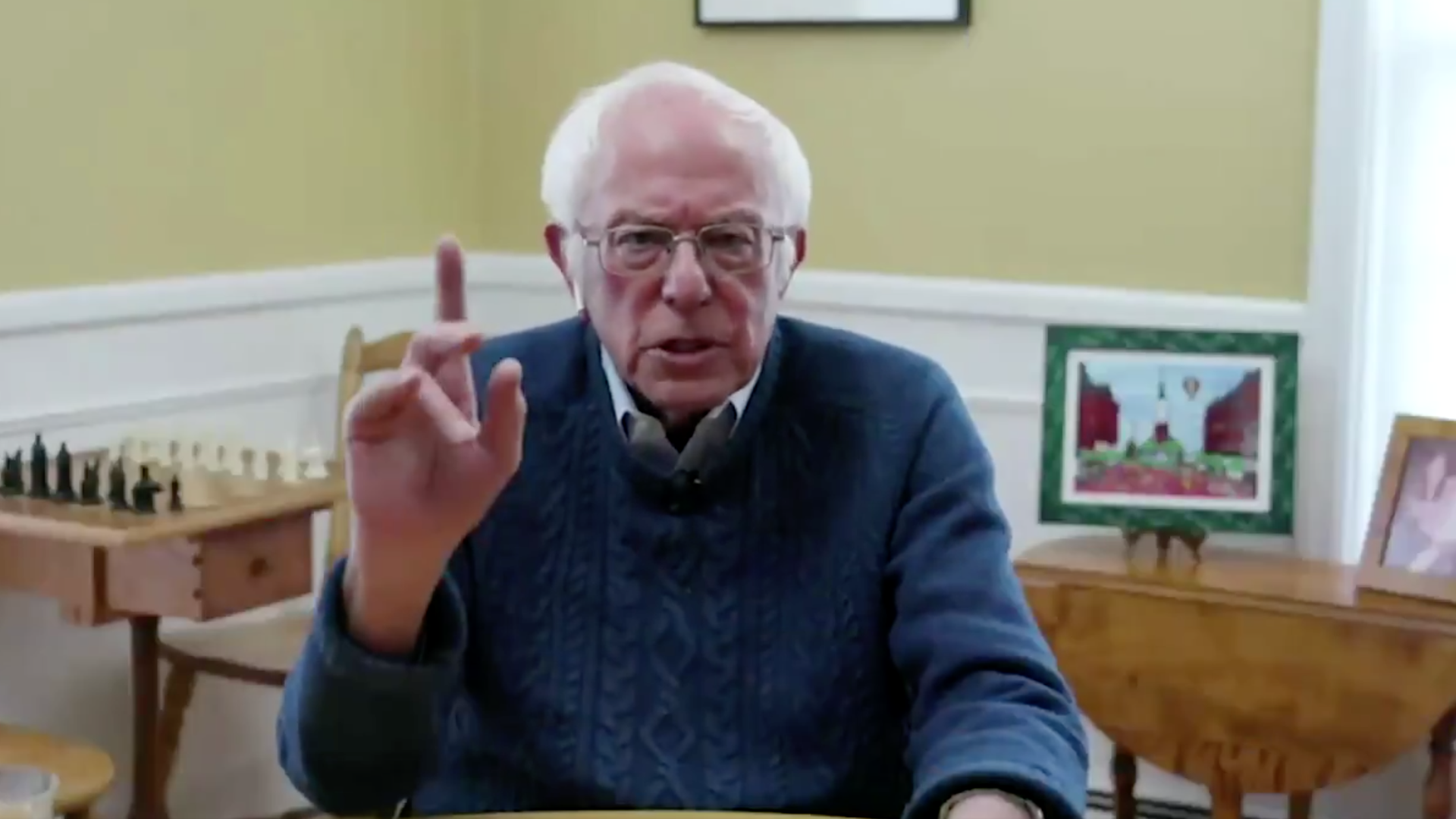 A screenshot of Sen. Bernie Sanders on "The Late Show with Stephen Colbert."