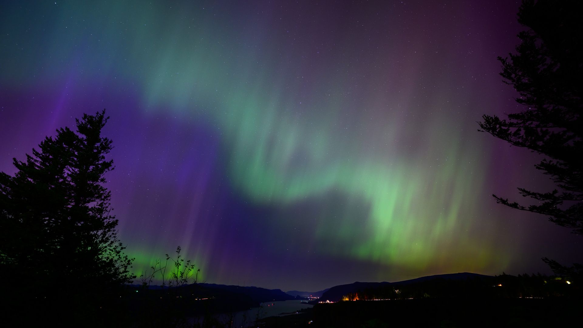 The aurora borealis is seen over the Columbia River Gorge. 