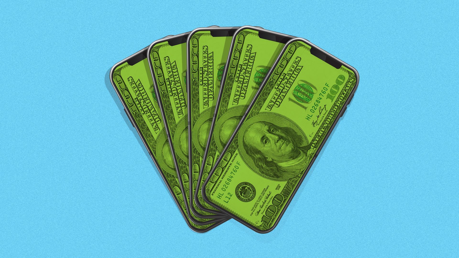 Illustration of hundred dollar bills on cell phones spread out.