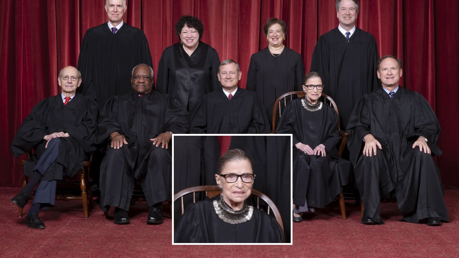 A 2018 photo of the Supreme Court Justices that highlights Ruth Bader Ginsburg's necklace