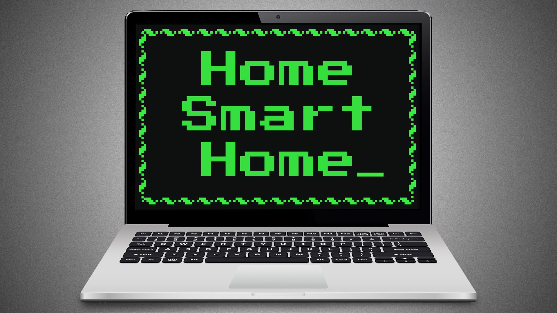 A laptop with an open screen that says "Home Smart Home"