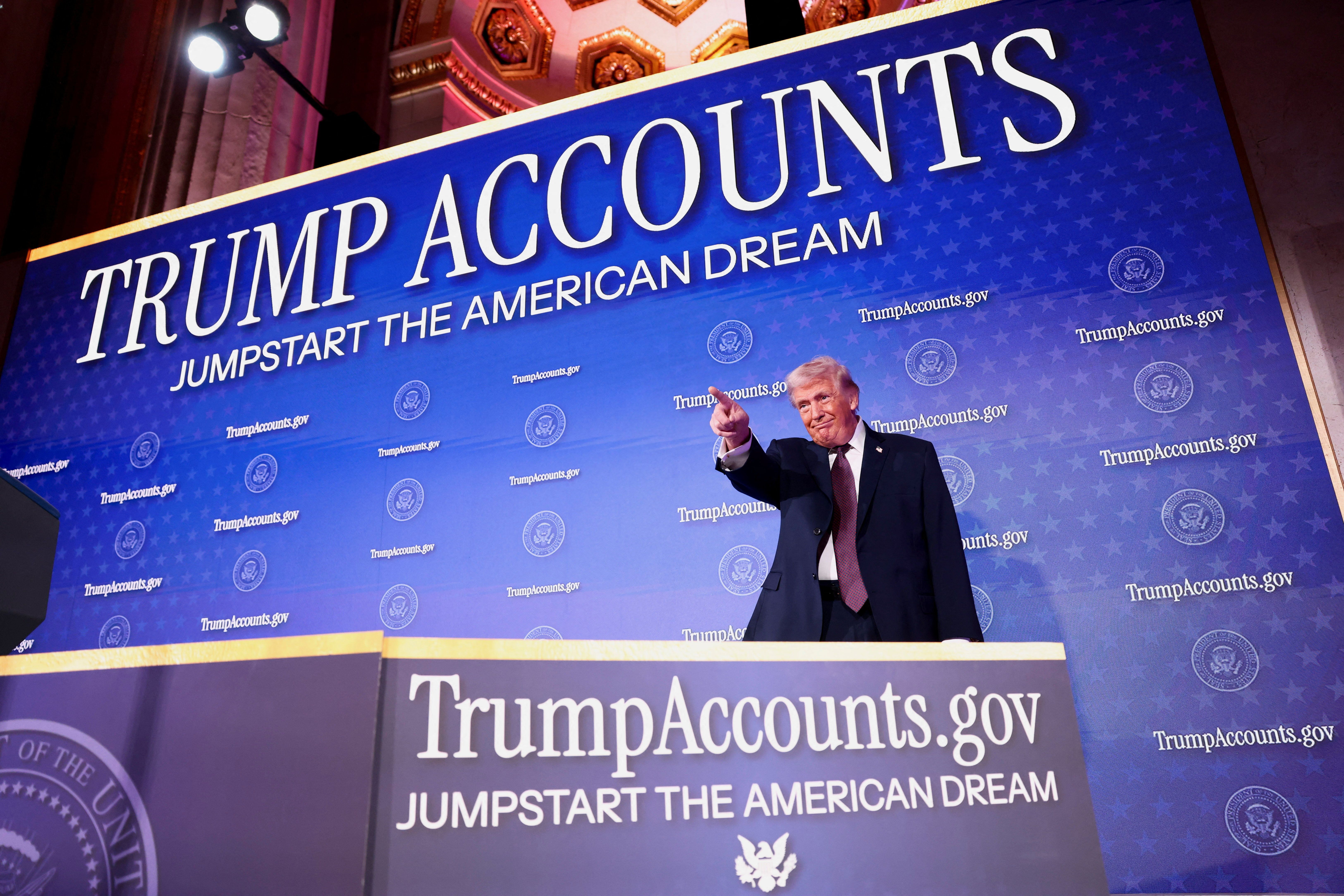 President Trump keynotes the Treasury Department's Trump Accounts Summit in Washington today. Photo: Kevin Lamarque/Reuters
