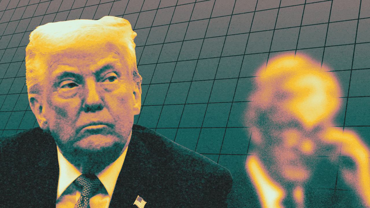 Animated photo illustration of Donald Trump and Jerome Powell in front of a chart grid. The focus shifts back and forth between the two, and trend line arrows move from left to right between them.