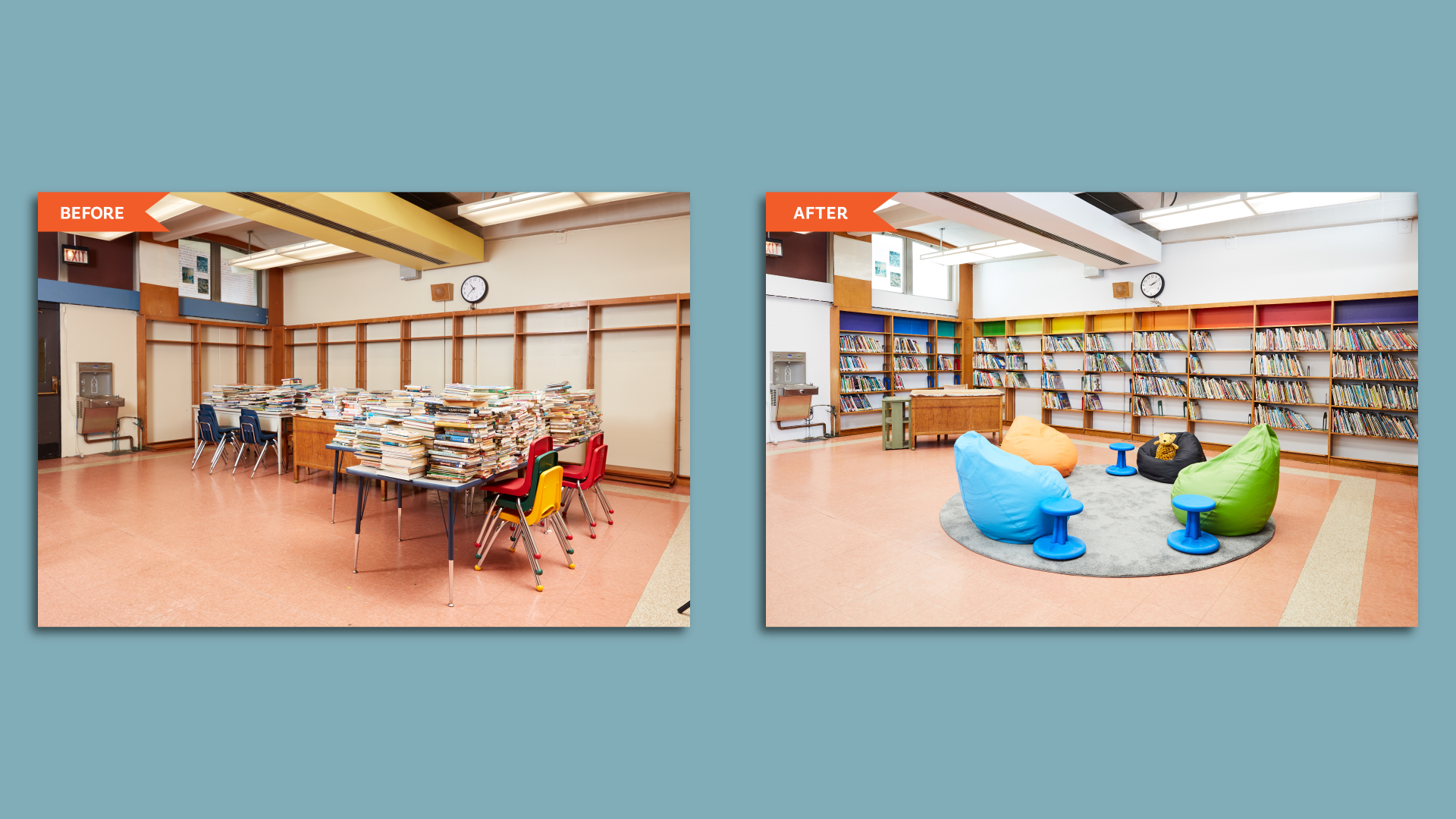 Before and after images of the repainted library at a Mt. Airy elementary school.