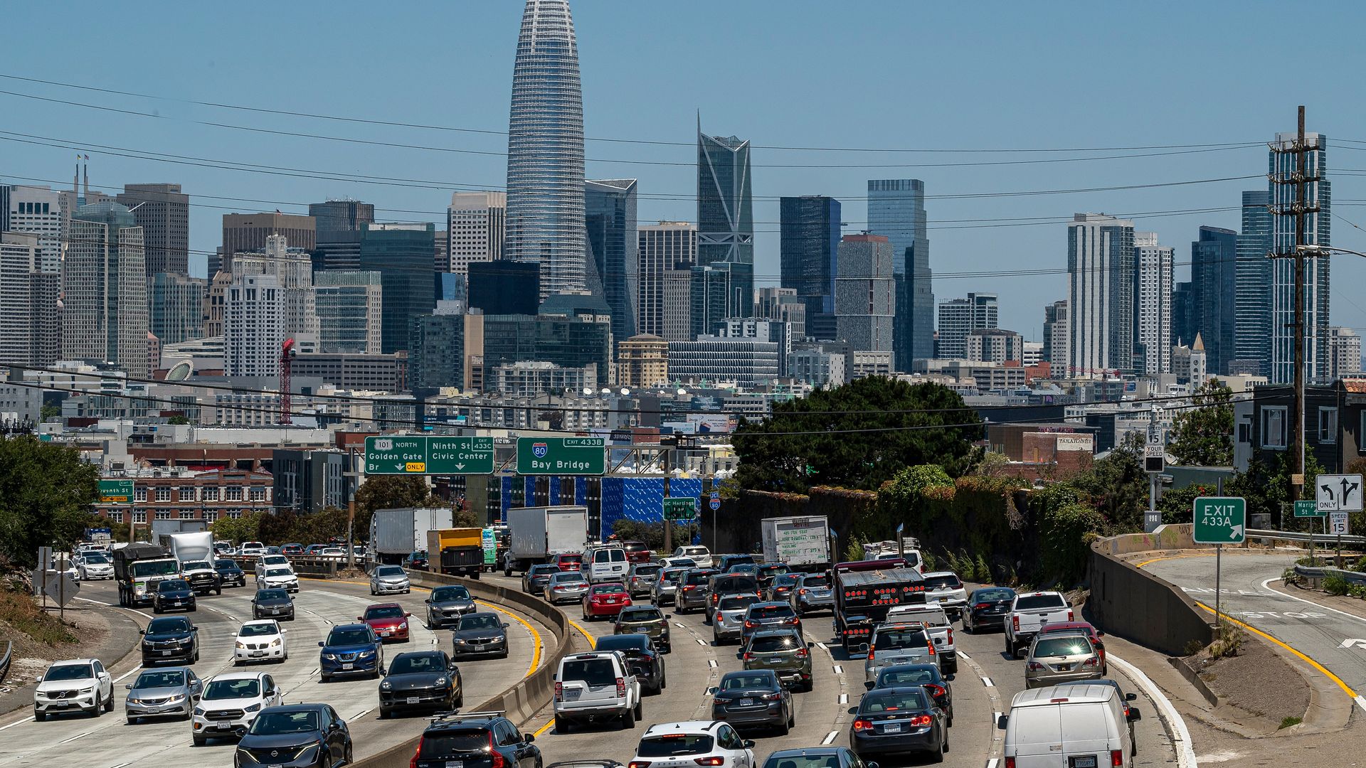 Cars in traffic on the highway with the San Francisco skyline in the background