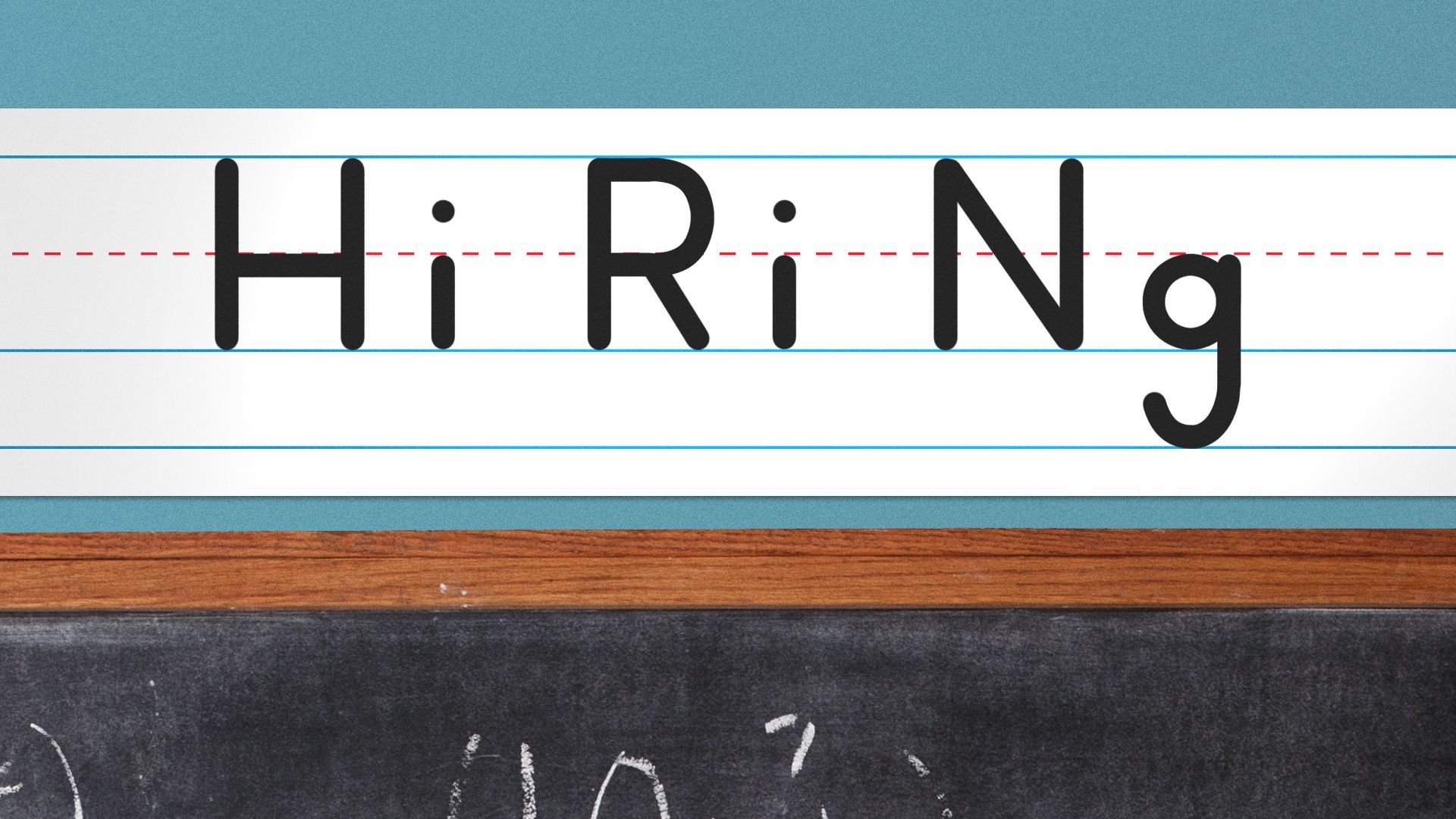 Illustration of a handwriting alphabet above the chalkboard spells out "Hiring."