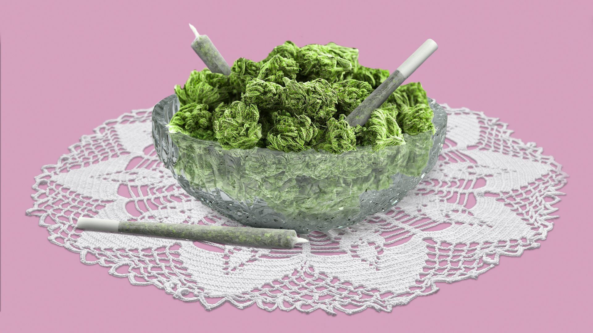 Illustration of a glass candy bowl full of marijuana and joints. 