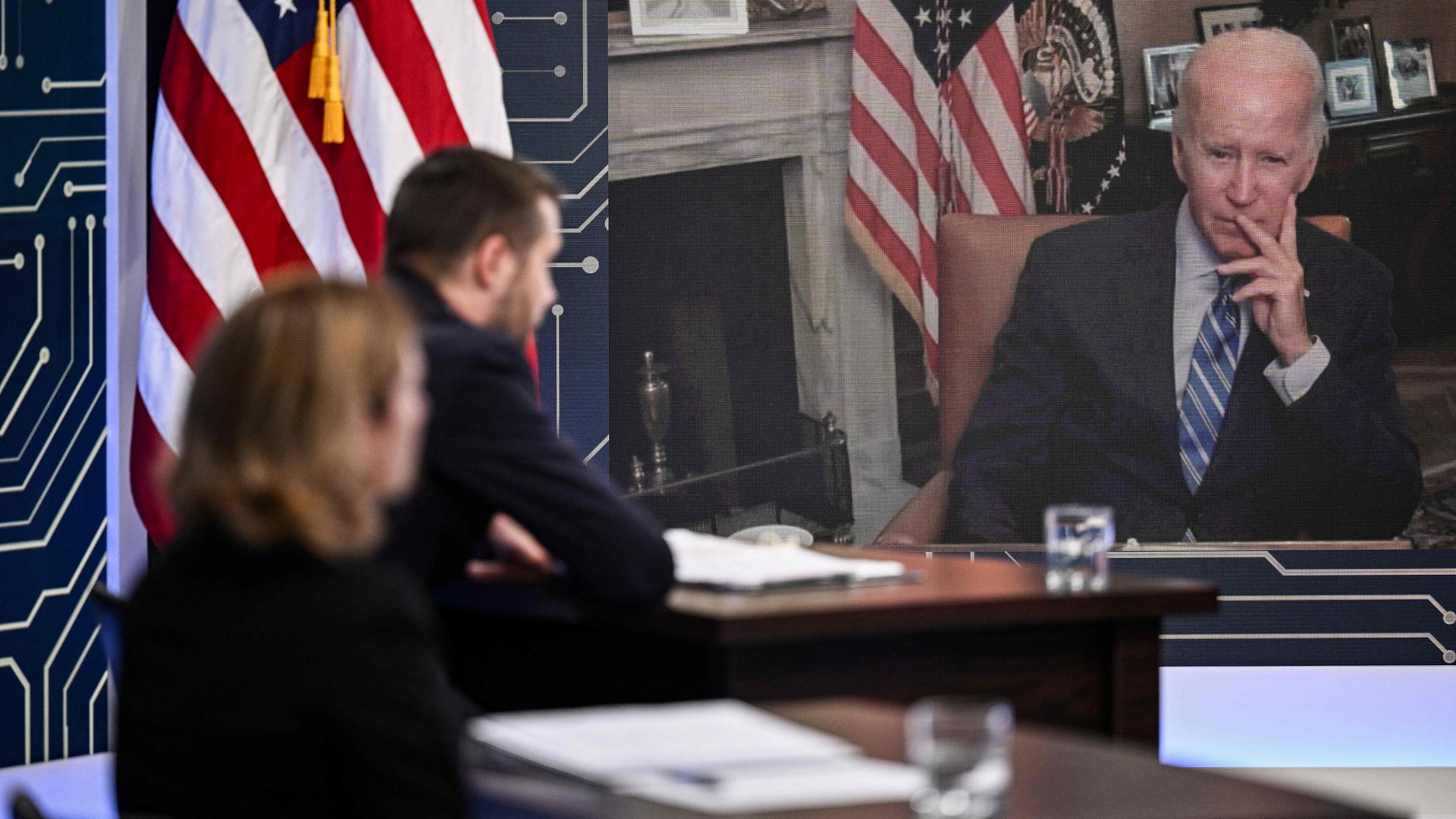 Biden participating virtually in a meeting with CEOs and labor leaders in Washington, D.C., on July 25.