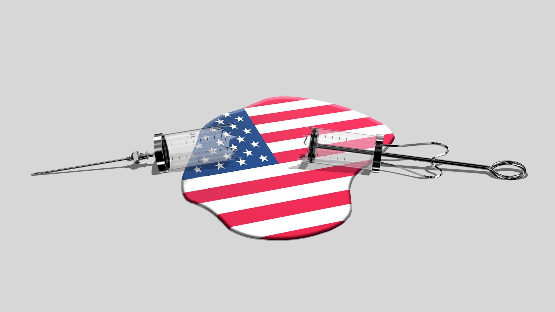 Illustration of a broken syringe with a liquid pouring out made from the American flag. 