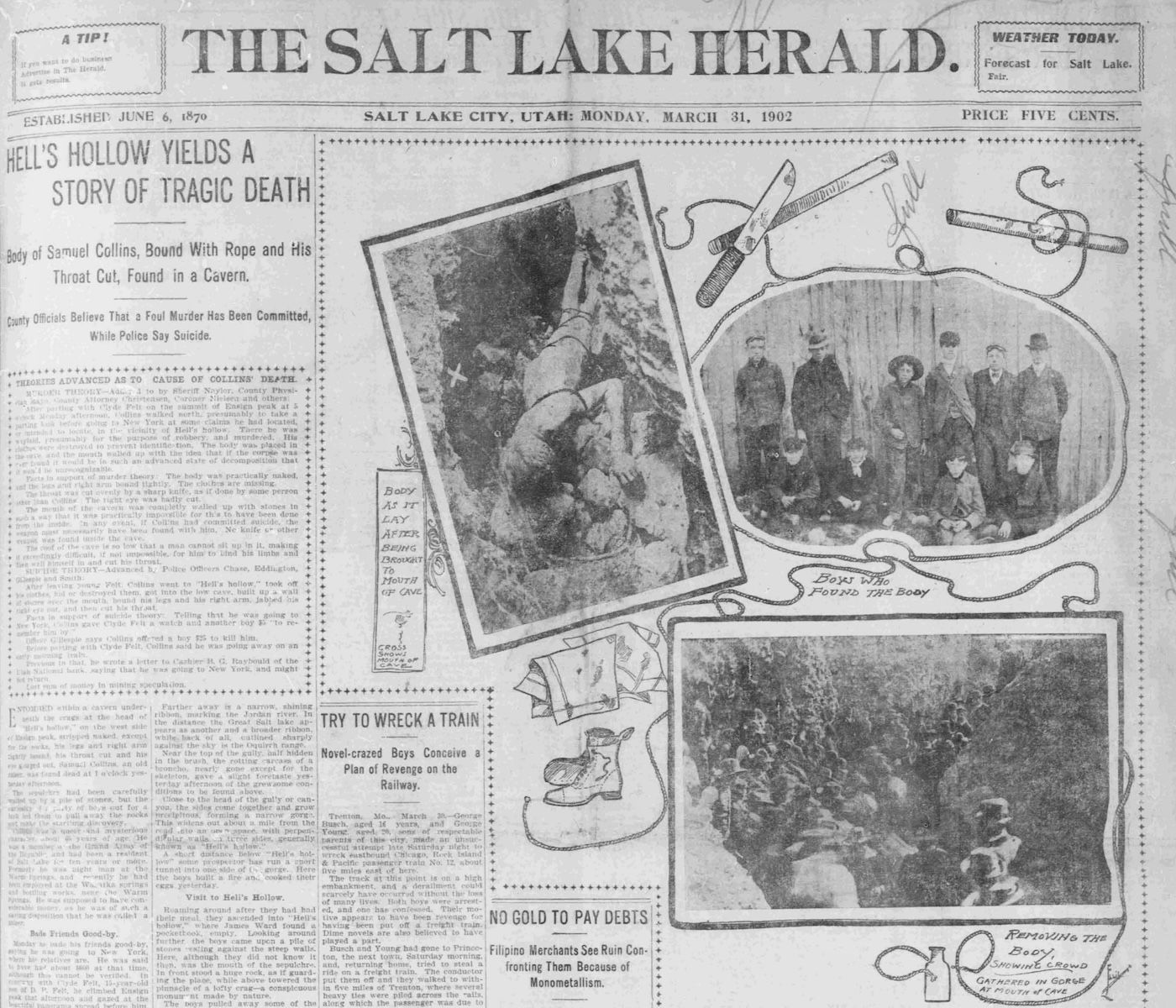 The front page of the Salt Lake Herald shows images from a homicide scene and the headline "HELL'S HOLLOW YIELDS A STORY OF TRAGIC DEATH"