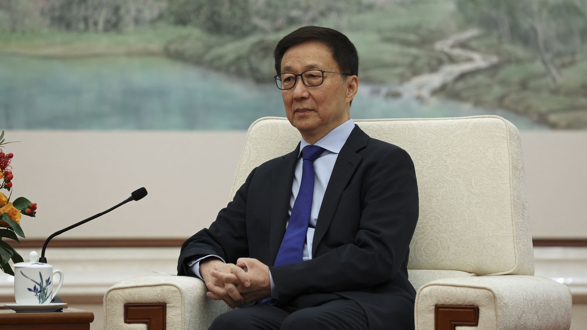 China's Vice President Han Zheng and Britain's Chancellor of the Exchequer Rachel Reeves (not pictured) attend a meeting at the Great Hall of the People in Beijing on January 11, 2025. 