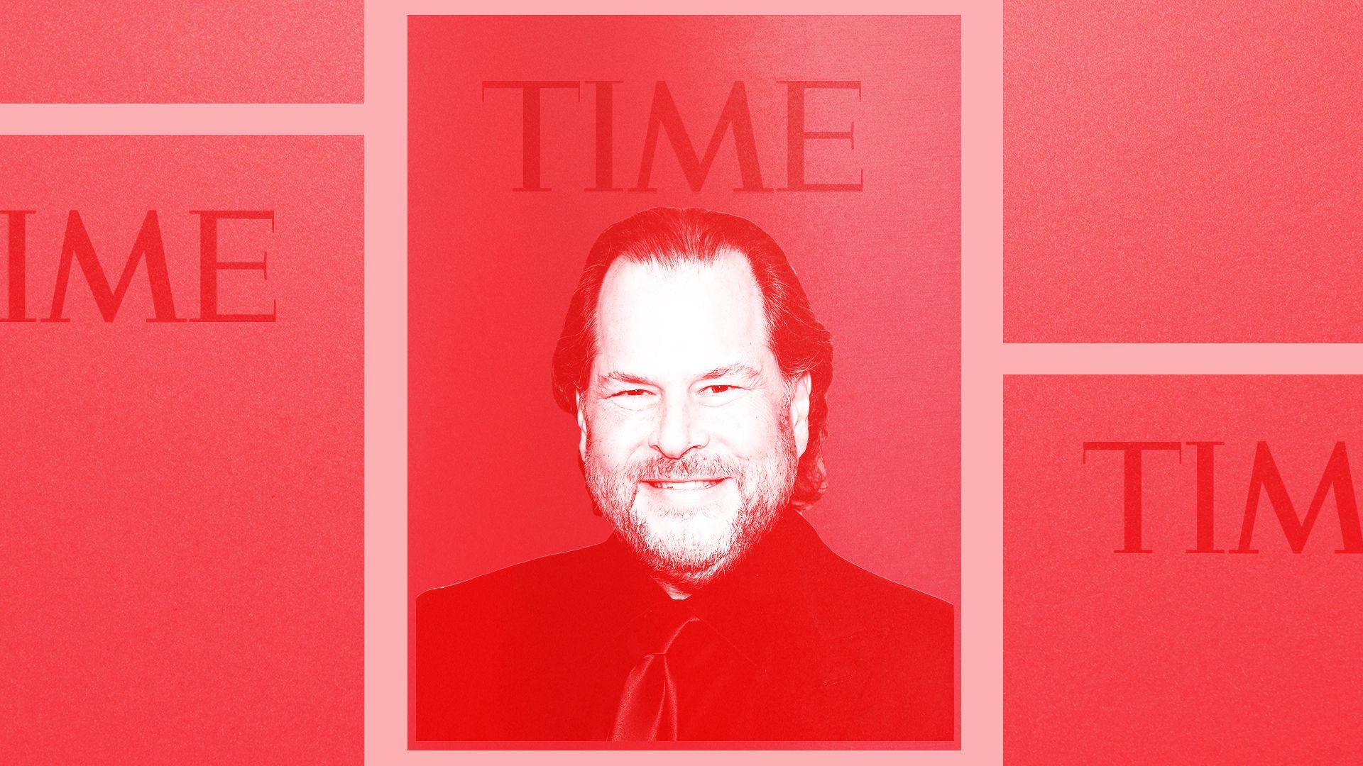 Photo illustration of Marc Benioff on a red square surrounded by other red squares, all resembling Time Magazines