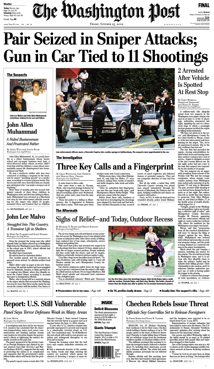 The front page of The Washington Post the day the D.C. snipers were caught.