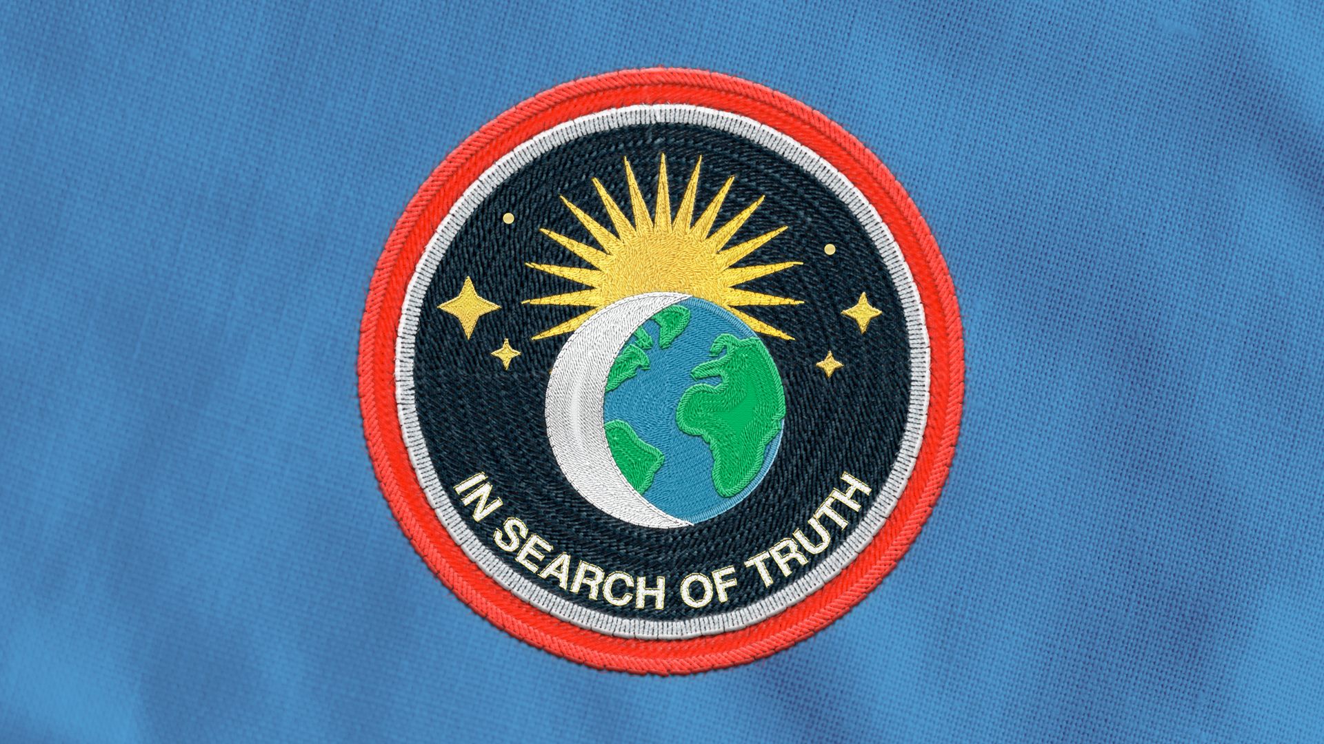 Illustration of an astronaut badge depicting the Sun, Moon and Earth in a semi-eclipse state, the words "IN SEARCH OF TRUTH" are on the badge. 