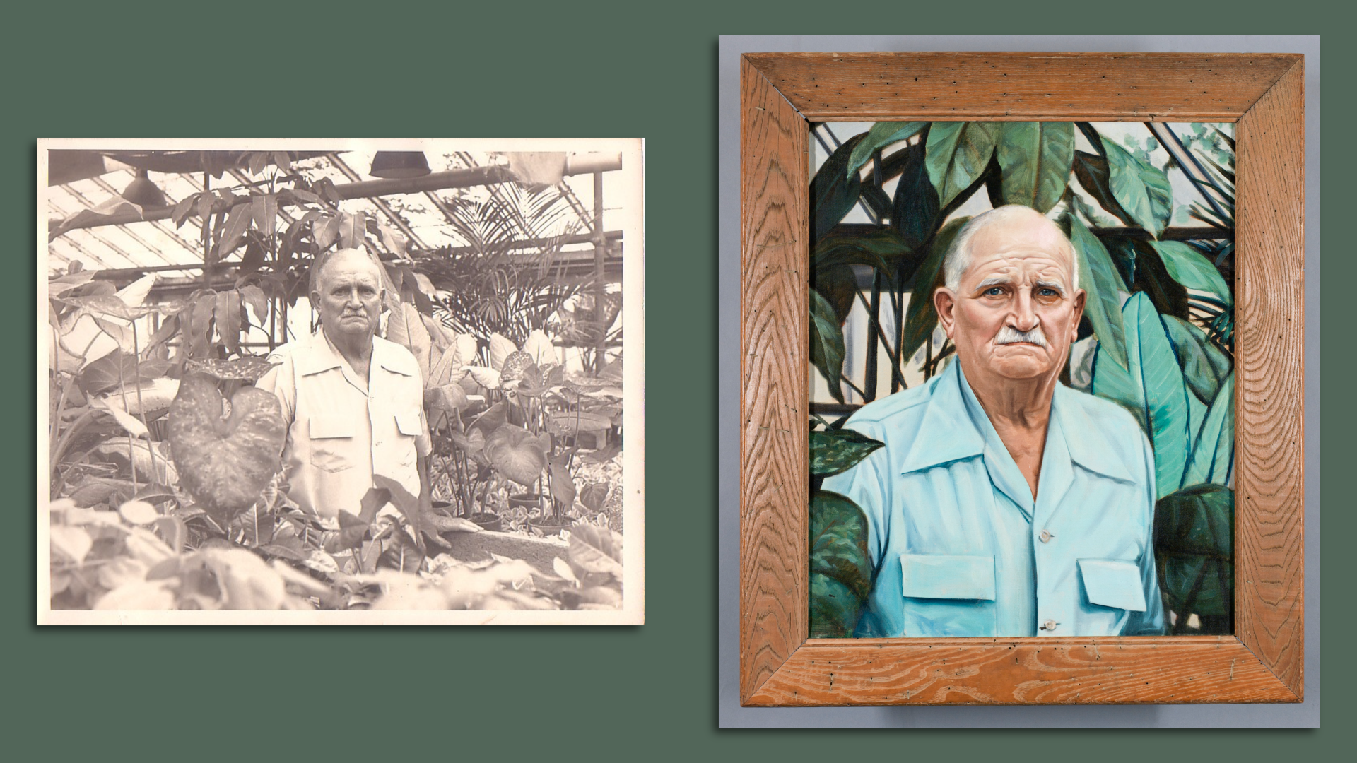 A side-by-side image of a photo of Henry Kraak and his painted portrait.