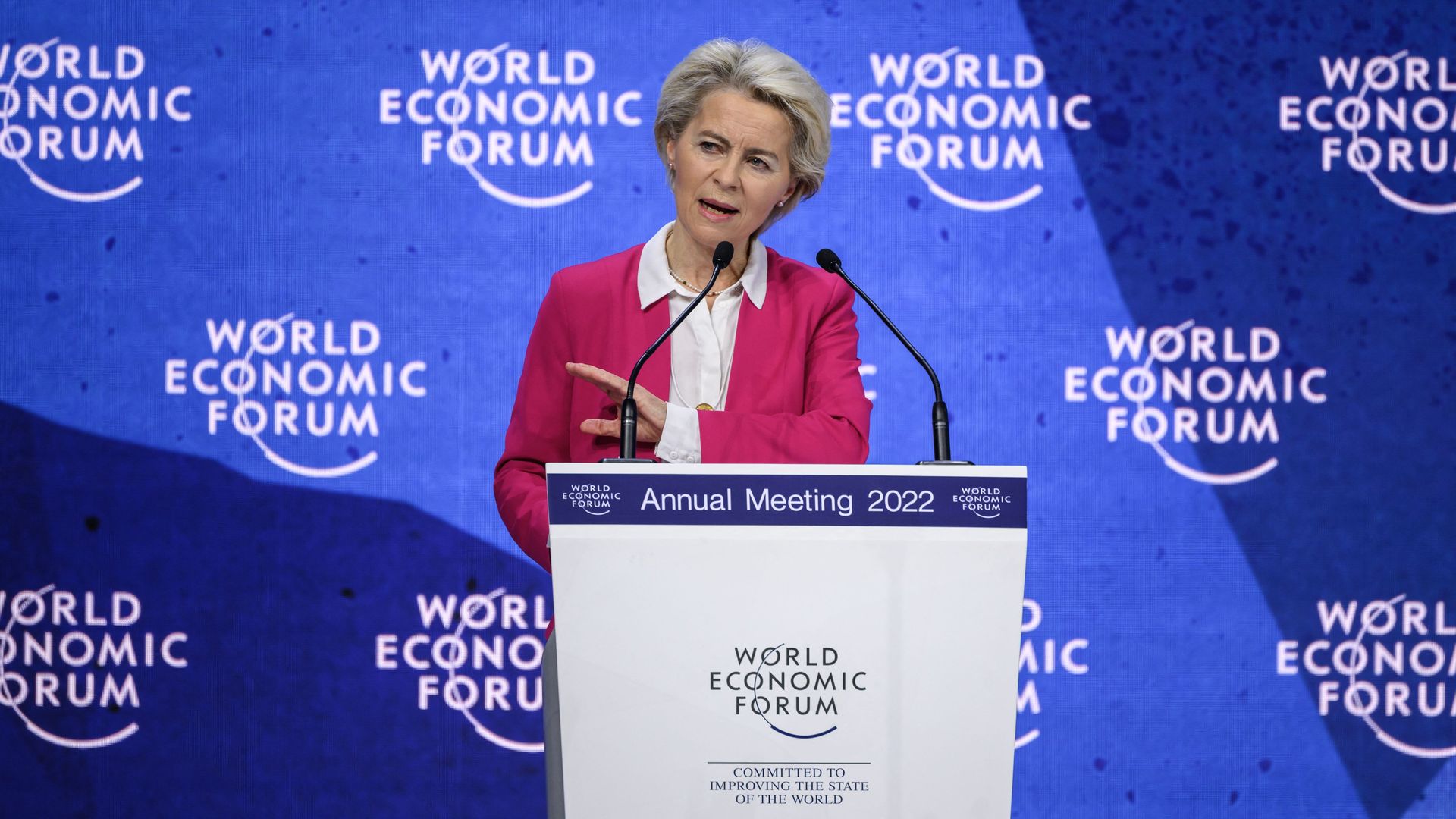 European Commission President Ursula von der Leyen addresses the assembly at the World Economic Forum (WEF) annual meeting in Davos on May 24.
