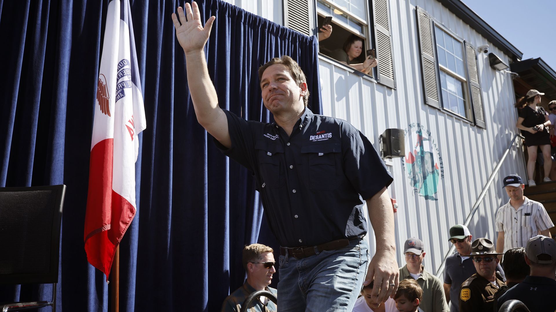 Florida Governor Ron DeSantis takes the stage during one of Iowa Governor Kim Reynolds' "Fair-Side Chats" at the Iowa State Fair on August 12, 2023 in Des Moines, Iowa.