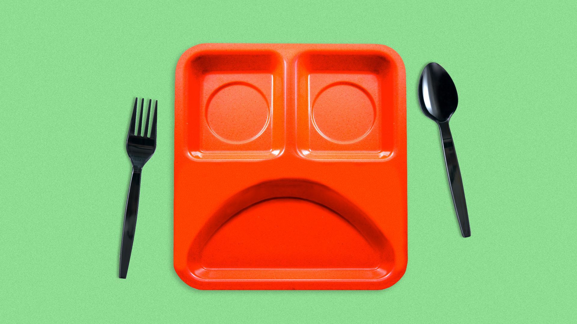 Illustration of a lunch tray with its compartments in the shape of a sad face.  
