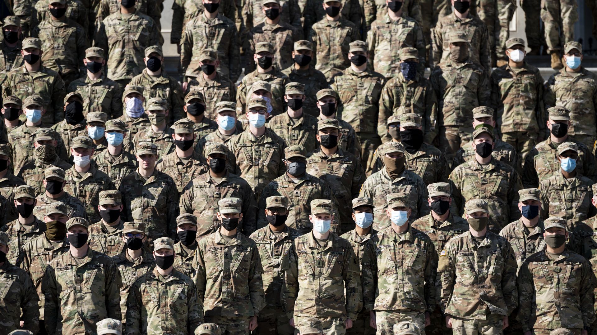 Virginia National Guard troops pose for a photo during a promotion ceremony on the center steps of the U.S. Capitol on Friday, Feb. 5, 2021. (Photo By Bill Clark/CQ-Roll Call, Inc via Getty Images)