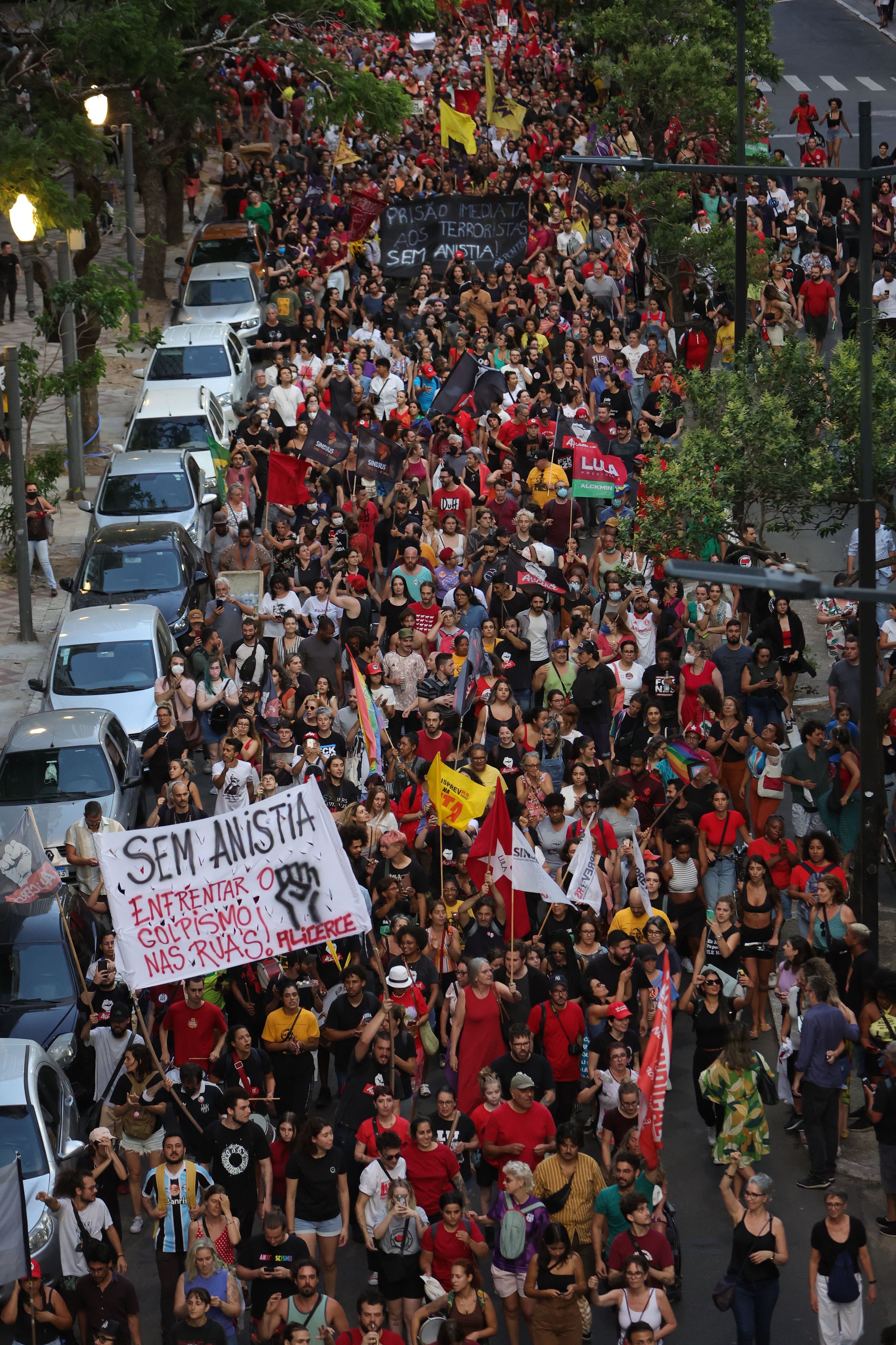 Members of social movements protest in defense of democracy in Porto Alegre, in southern Brazil, on January 9.