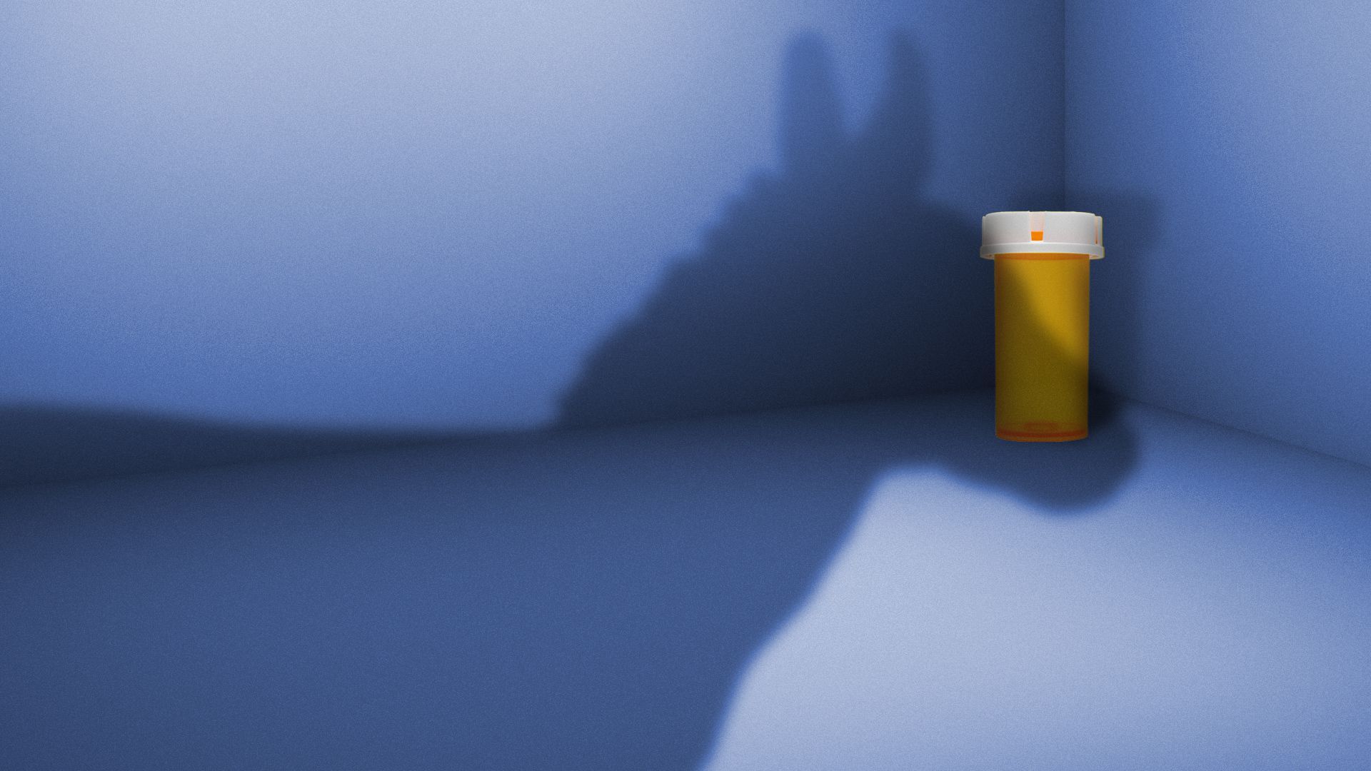 Illustration of a pill bottle backed into a corner with a large shadow of a donkey looming above it.