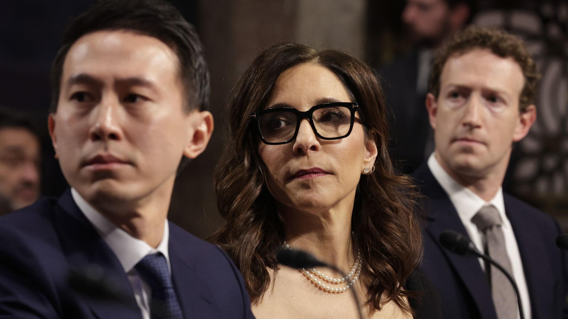 TikTok's Shou Zi Chew, X's Linda Yaccarino and Meta's Mark Zuckerberg sit facing senators.
