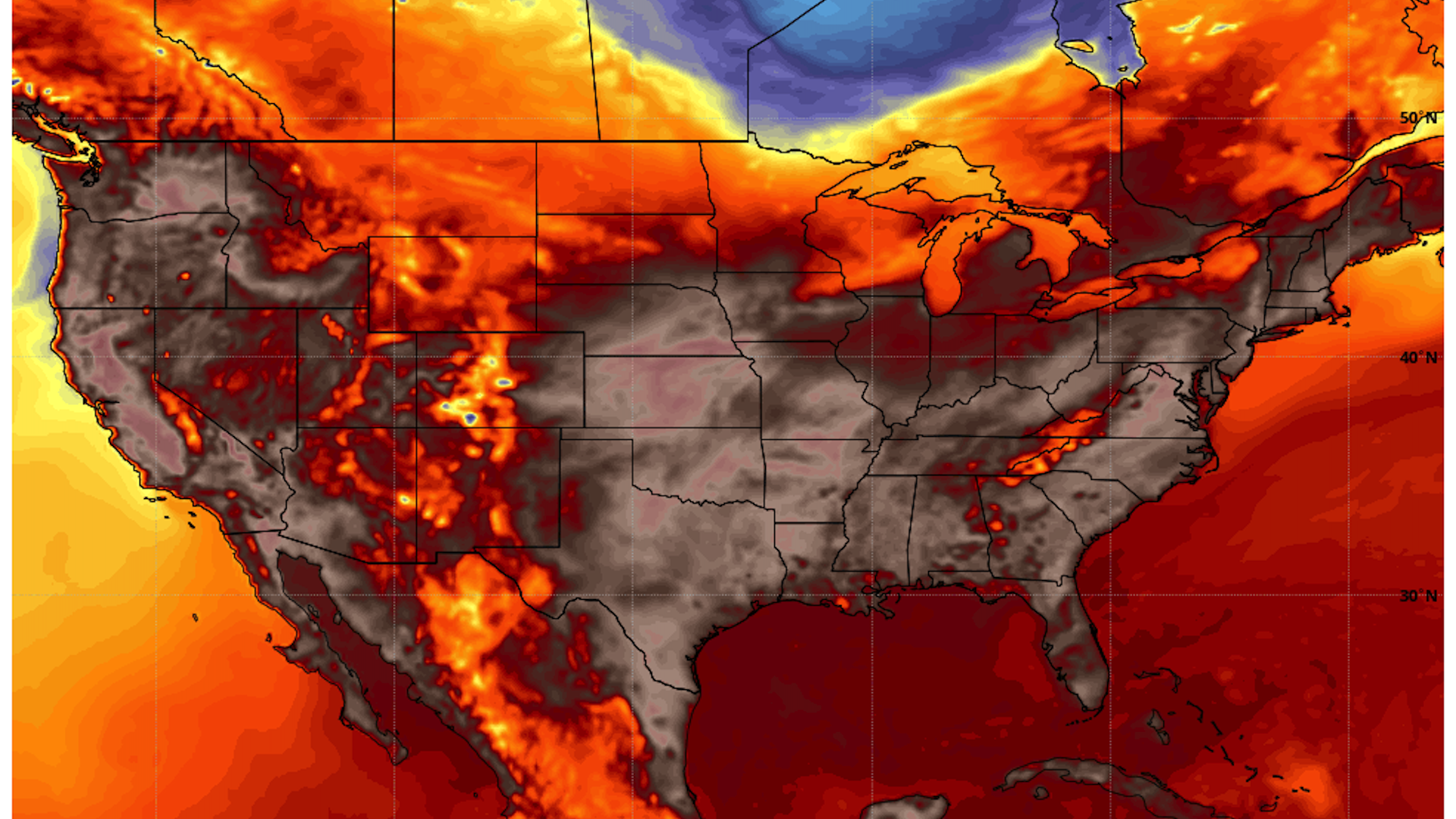 Map of the U.S. with red and orange colors representing hot temperatures.