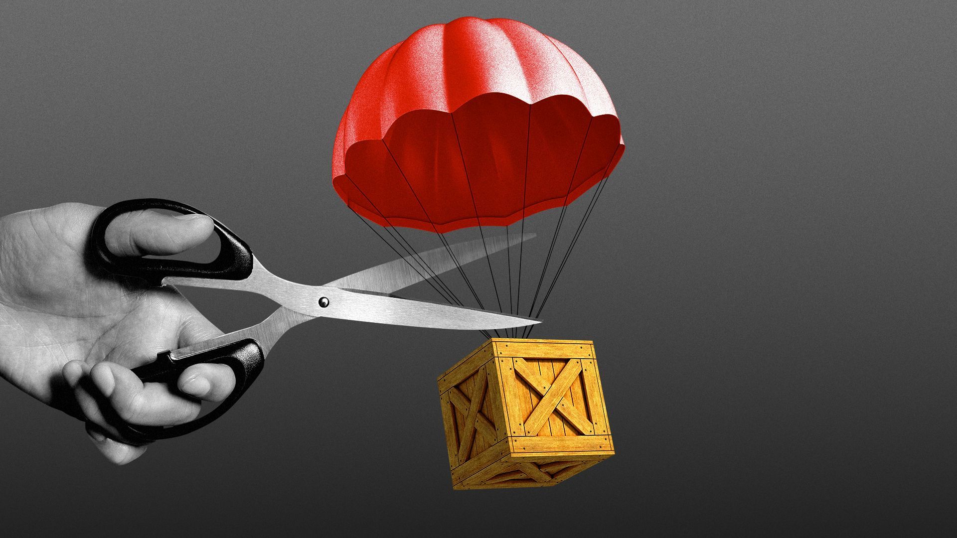 Illustration of scissors cutting the strings of a parachute carrying a supply crate.
