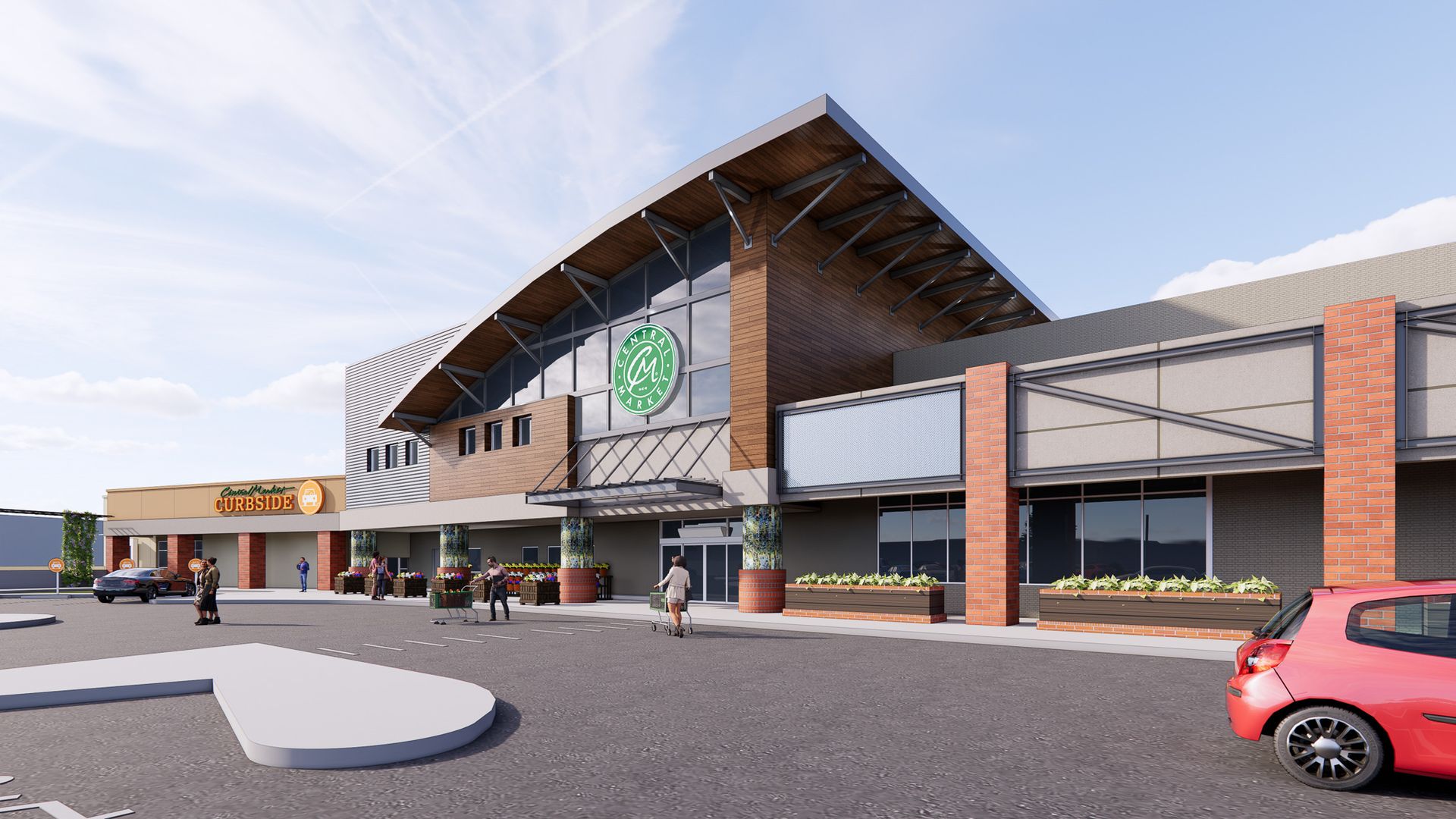 Rendering of the remodeled H-E-B with a slanted roof.
