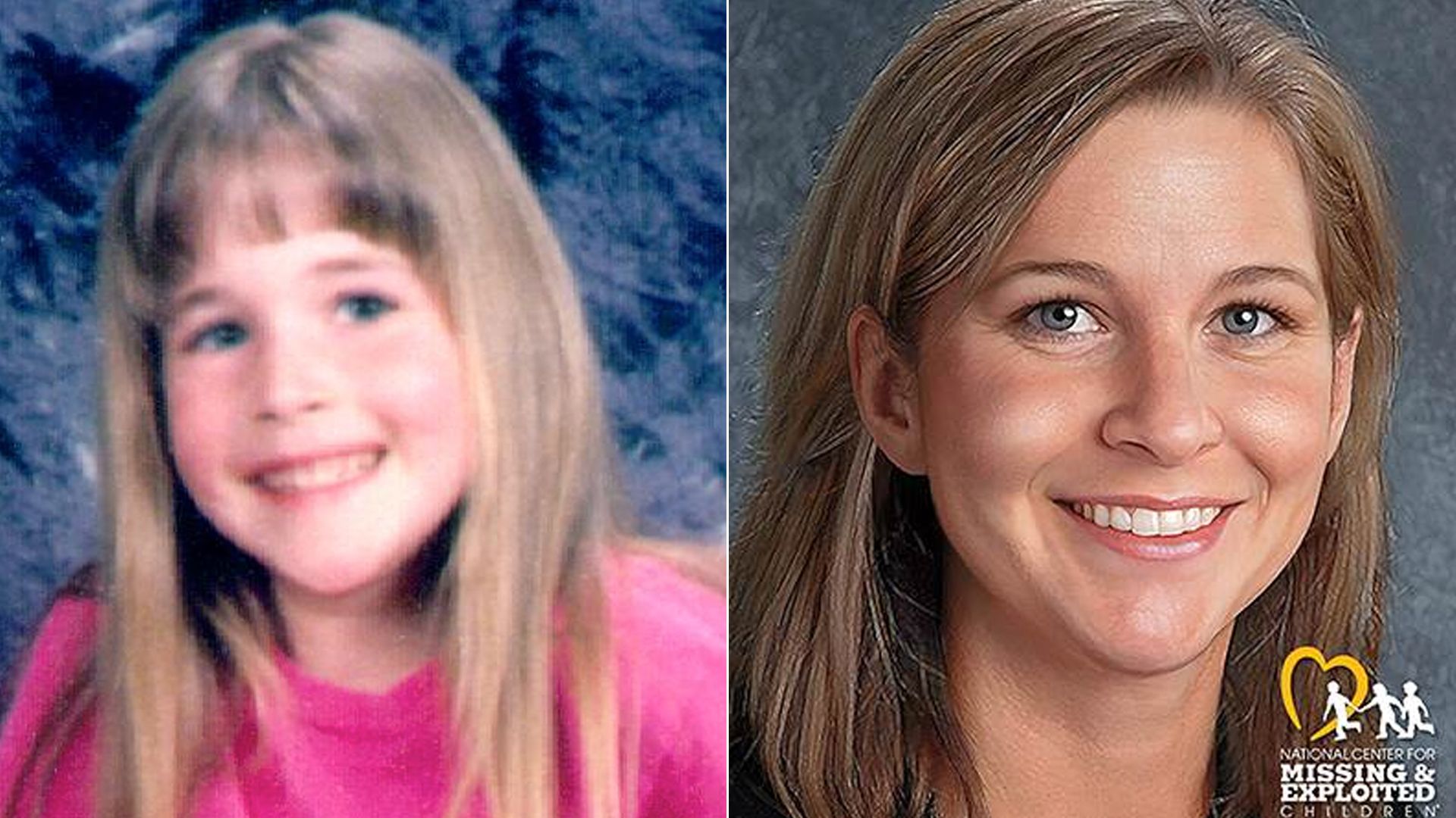 A composite photo of Morgan Nick when she was six (left) and as she might look at age 31 (right).