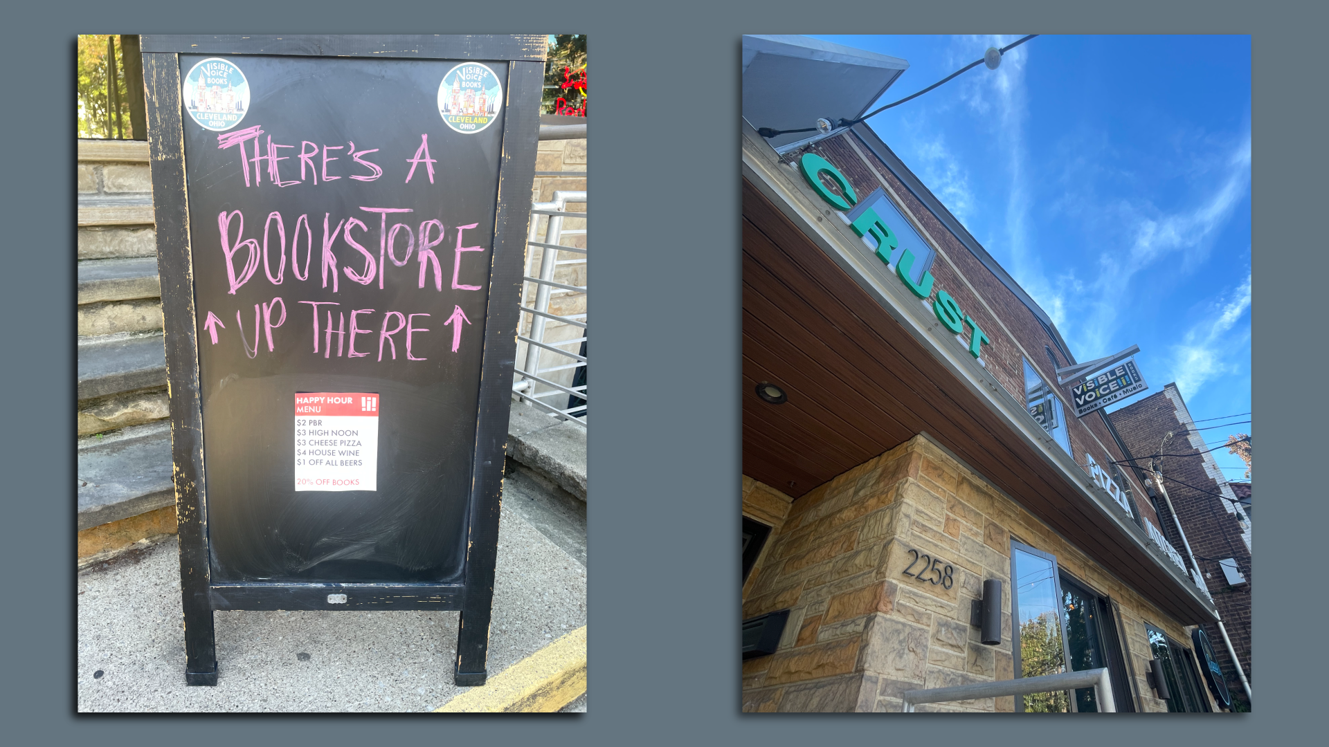Side by side photos of a sign outside Visible Voice Books in Cleveland, and an upward angle of the store