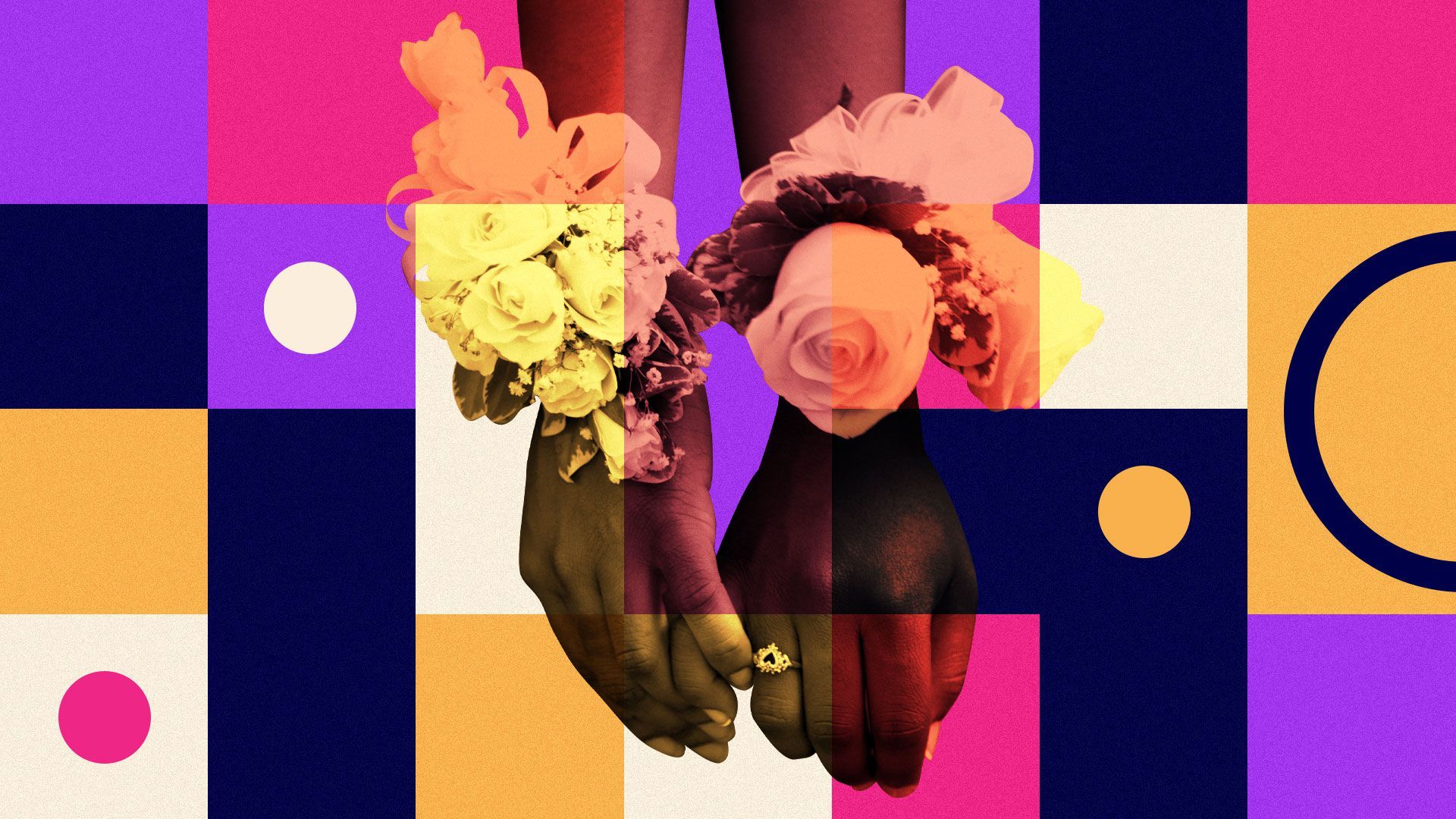Illustration of two hands wearing corsages with fingers interlocked with a grid background and circles