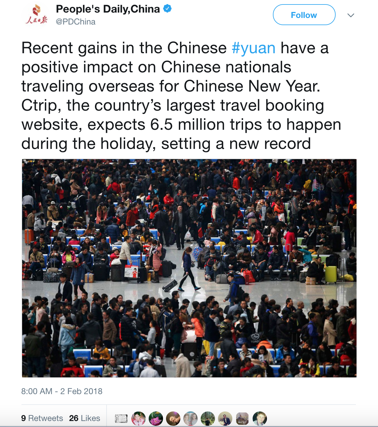 Screenshot of People's Daily tweet showing traveling Chinese nationals