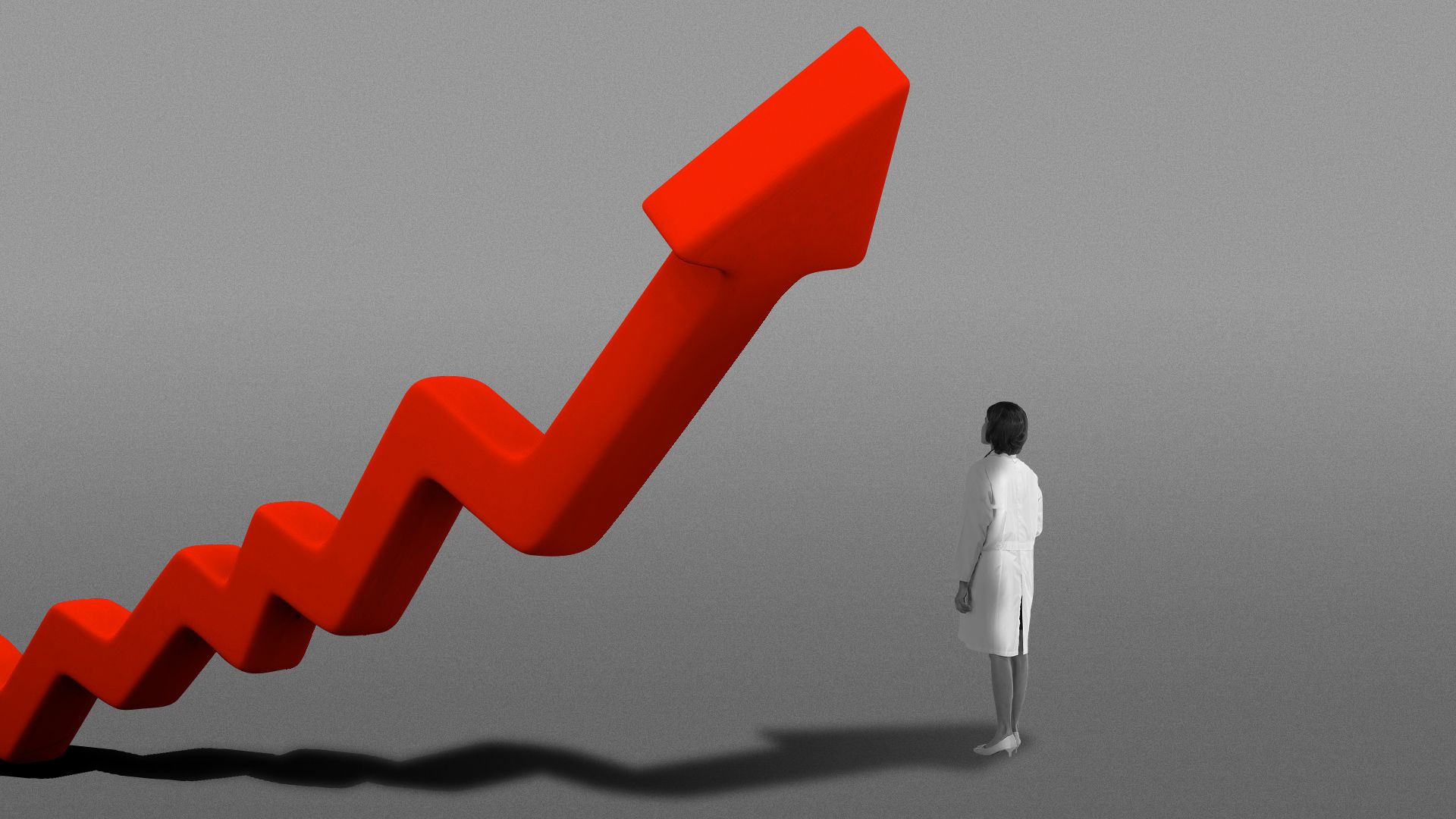 Illustration of a doctor looking up from underneath a giant upward trending arrow.