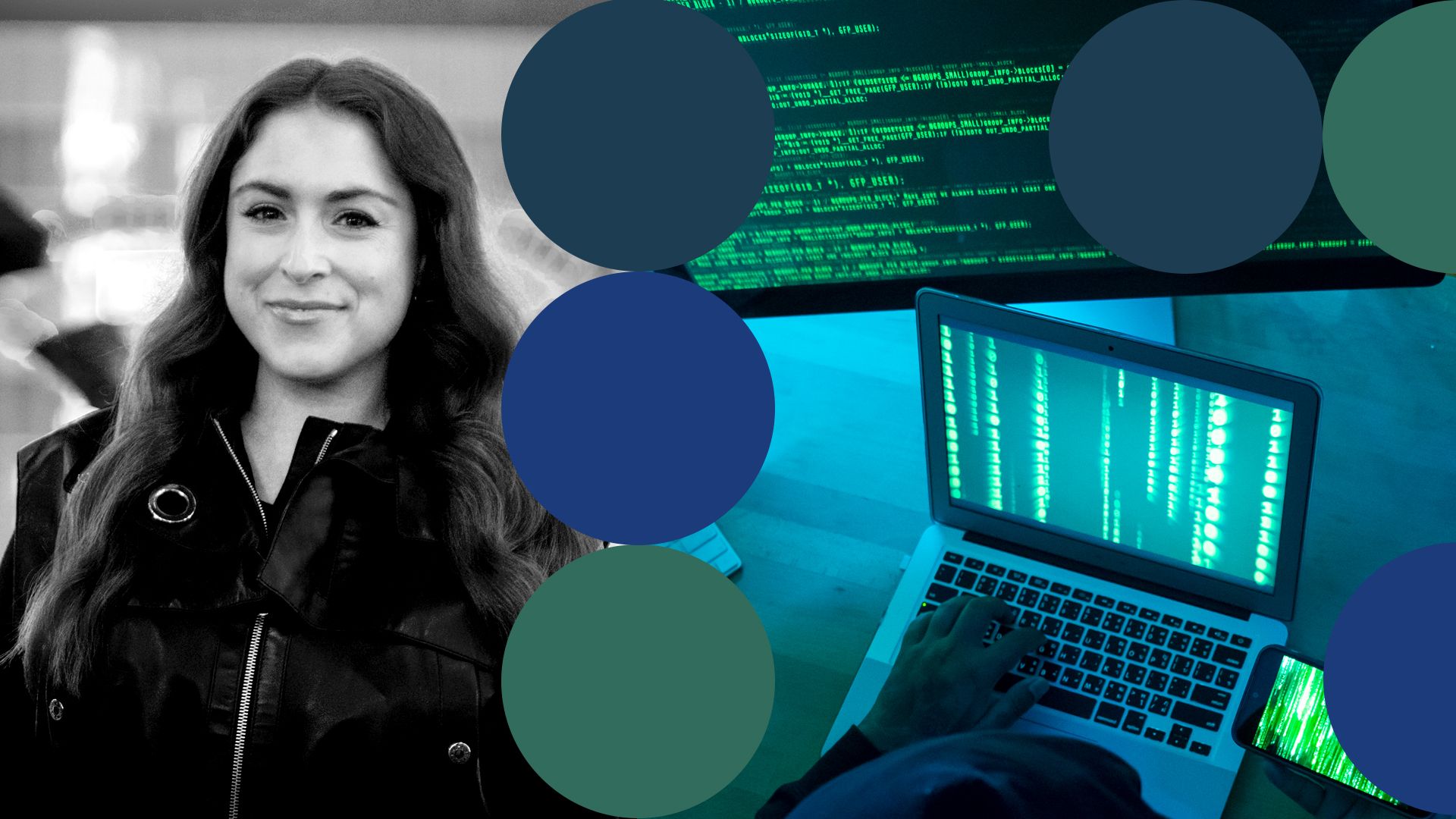 Photo illustration of Rachel Tobac surrounded by abstract shapes. 