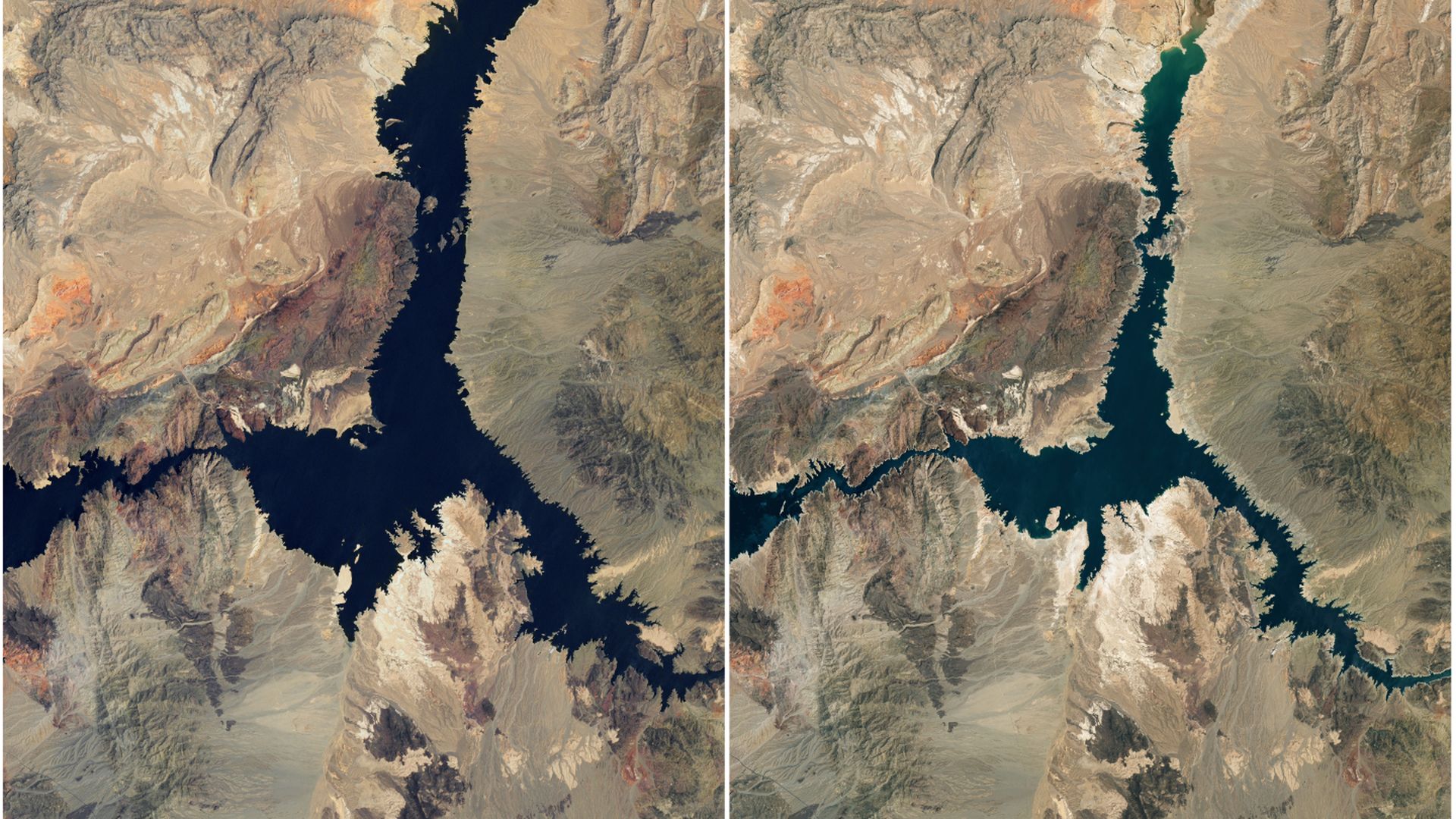 Satellite images showing Lake Mead with much more water in 2000 compared to Lake Mead in 2022 with less water