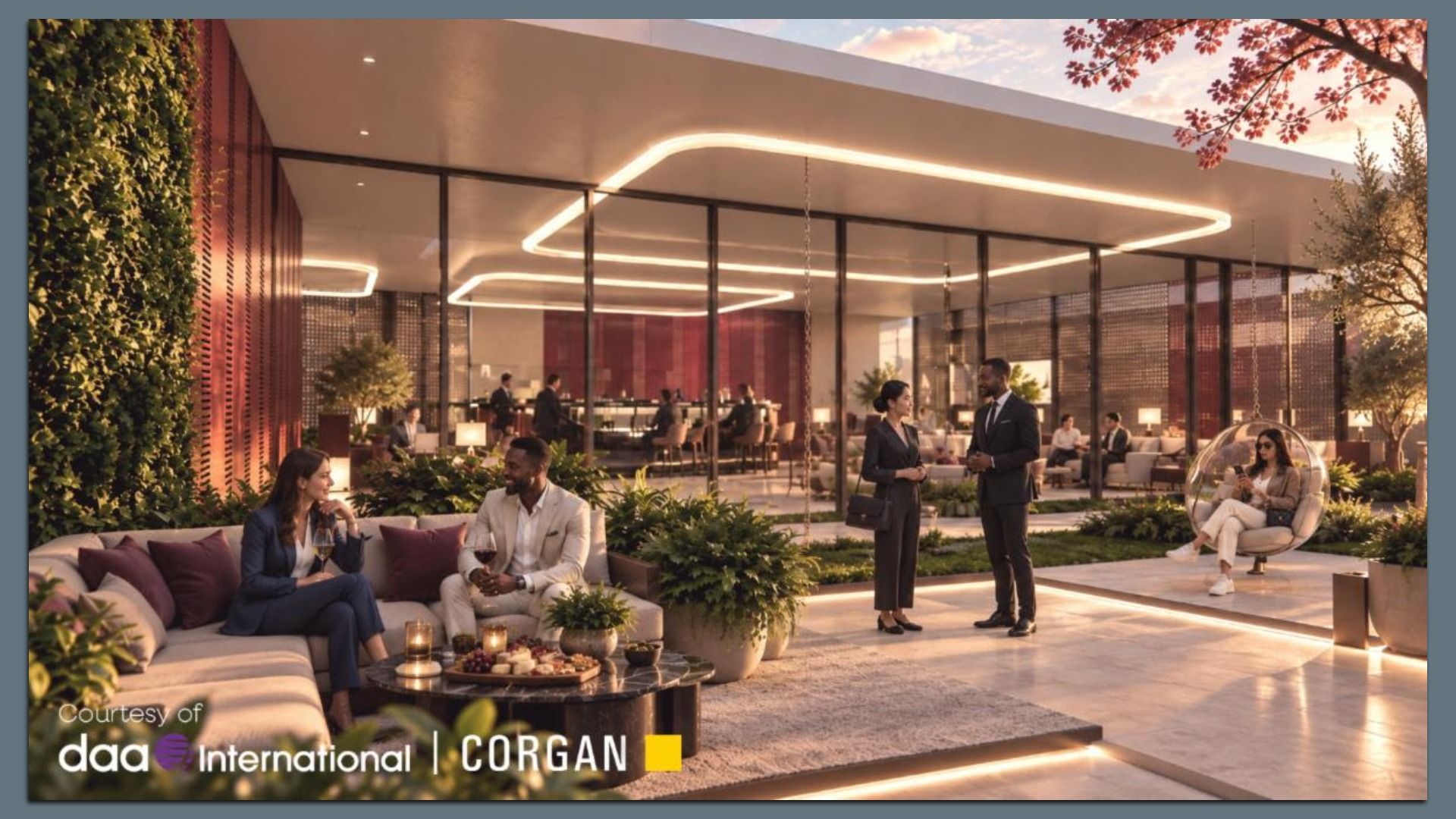 Modern outdoor lounge with glass walls, warm neon loops, and lush plants. People in business attire chat on sofas; a woman sits in a bubble chair on the right using her phone.