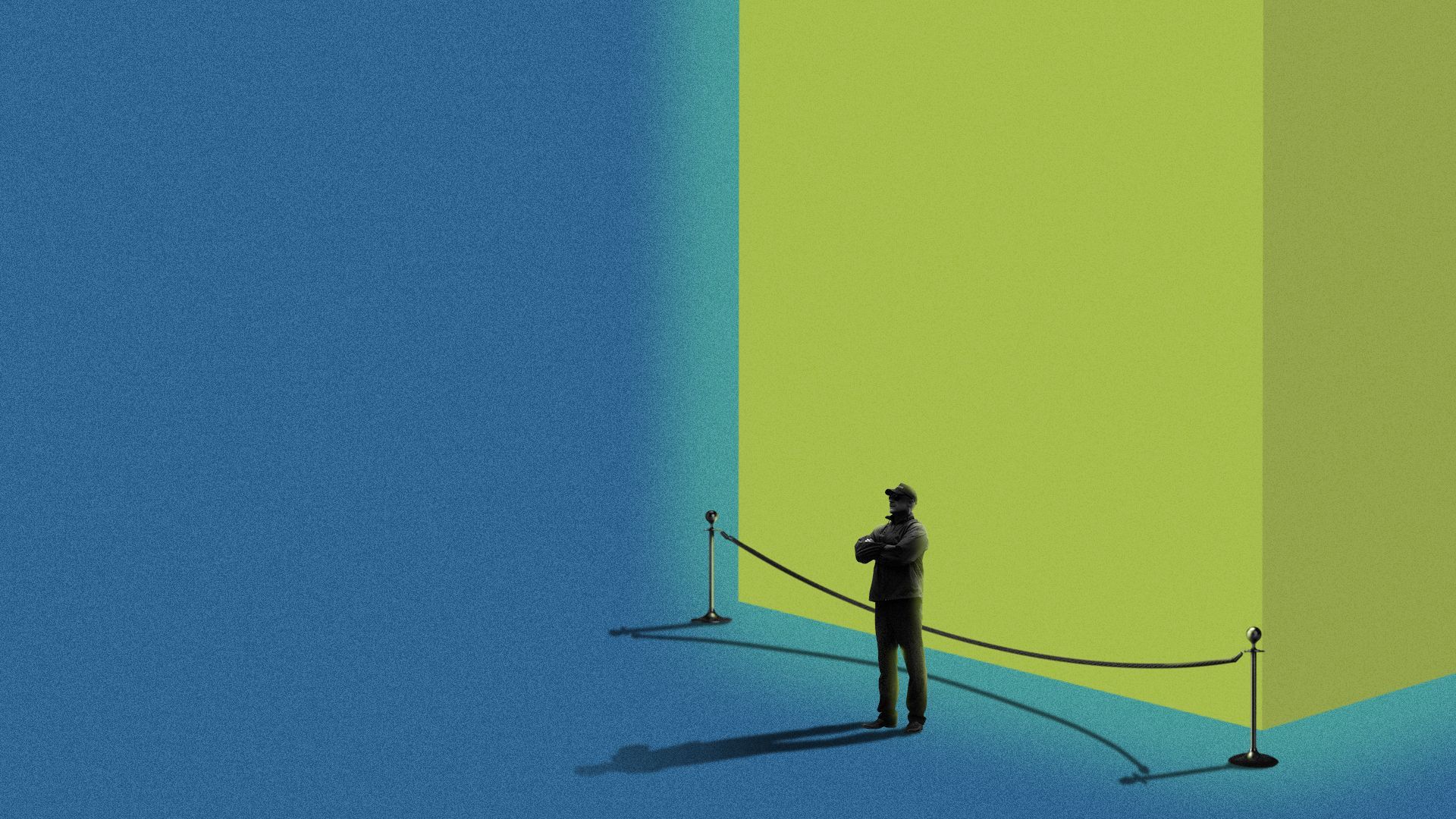 Illustration of a small bodyguard protecting a giant, glowing cube.