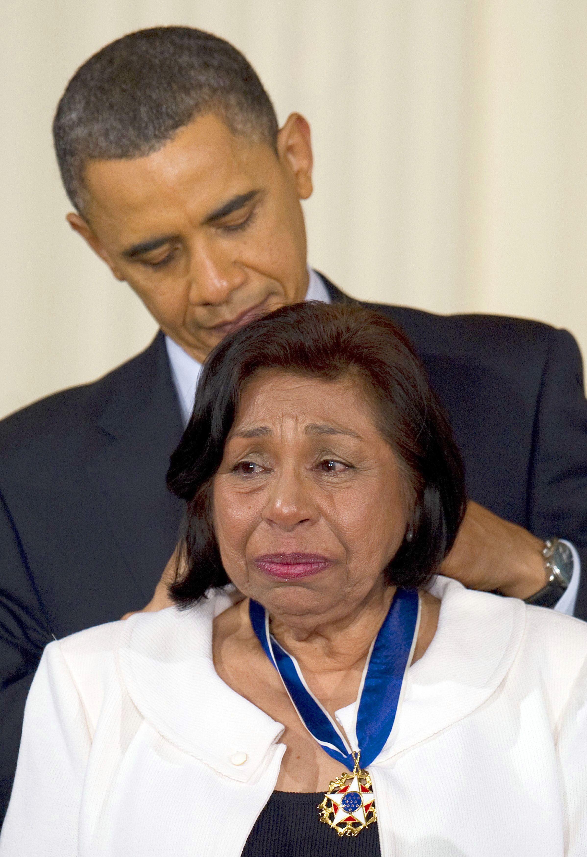 President Obama awards the 2010 Medal of Freedom to civil rights activist Sylvia Mendez during a 2011 ceremony at the White House in Washington, DC.