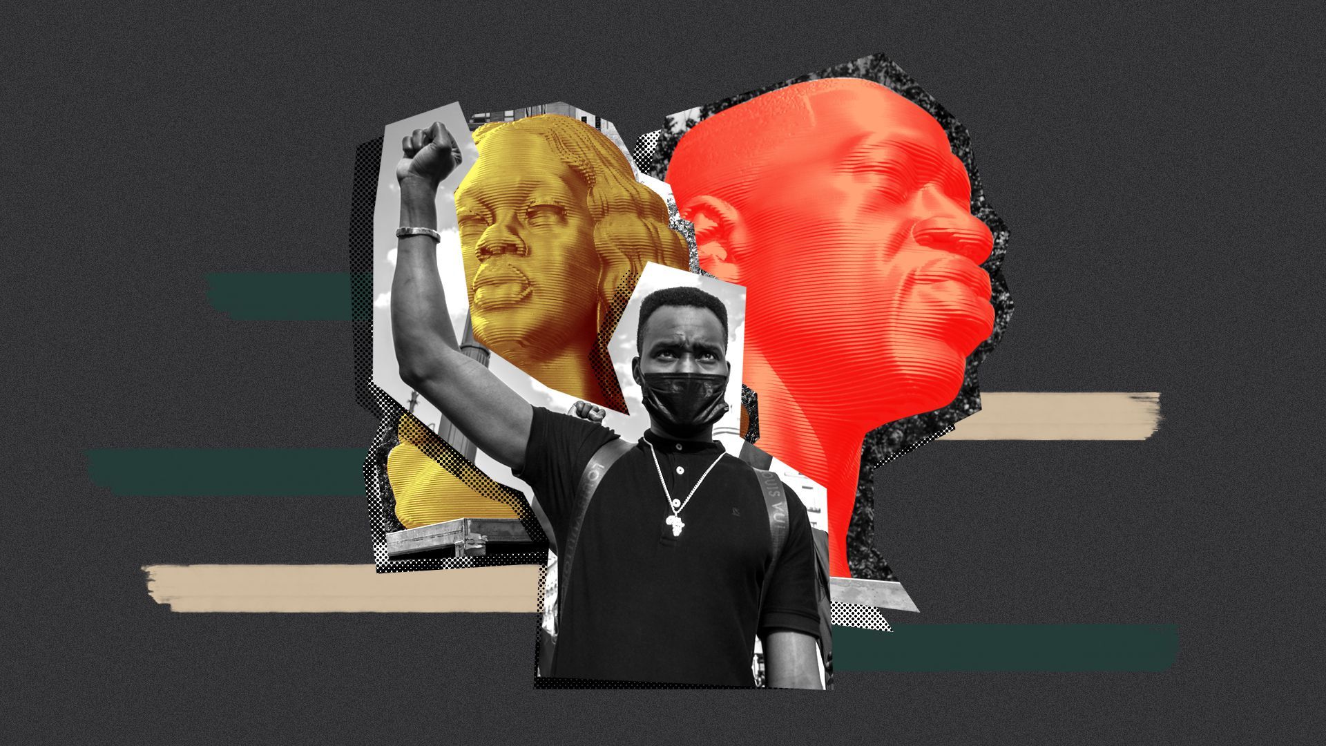 Photo illustration of a Black Lives Matter protester in front of statues of Breonna Taylor and George Floyd 