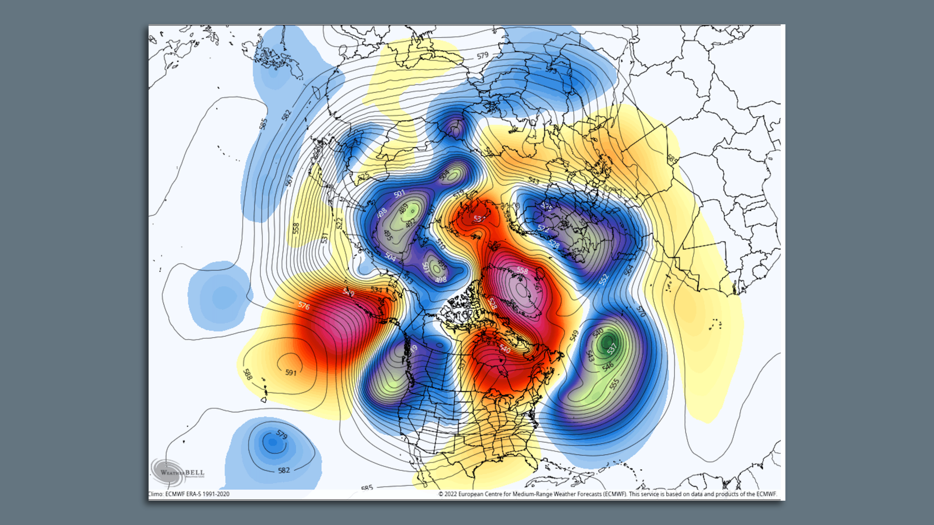 Computer model projection showing an unusually strong ridge of high pressure over Greenland.