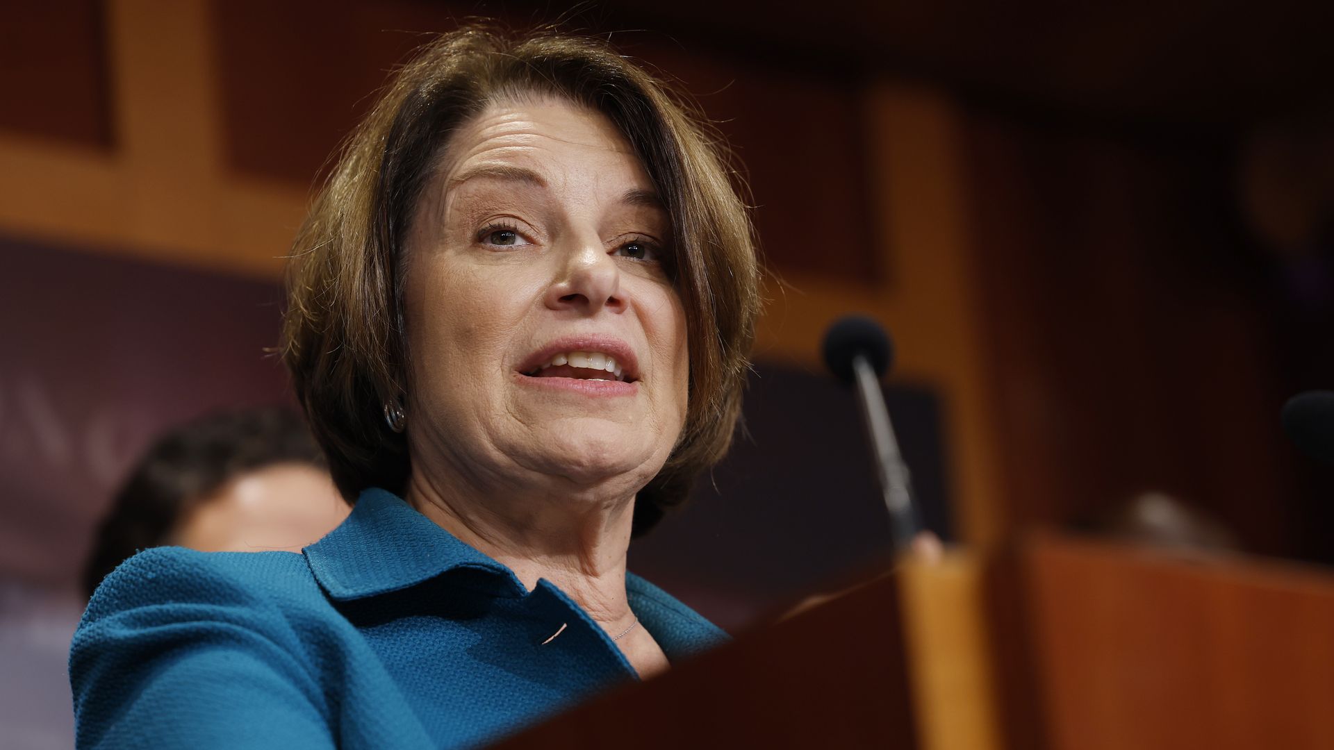 Sen. Amy Klobuchar speaks during a news conference.